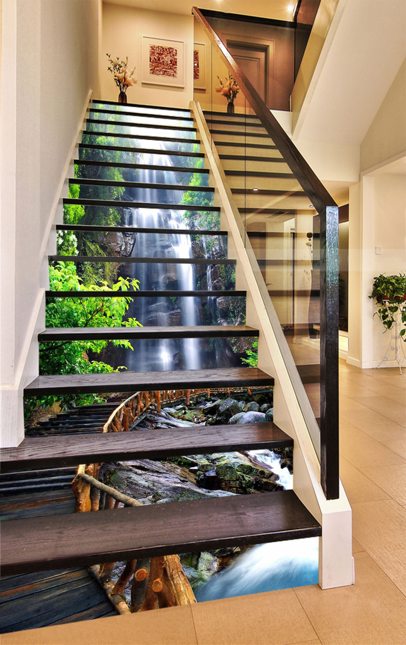 3D Waterfall Wood Bridge 1148 Stair Risers Wallpaper AJ Wallpaper 