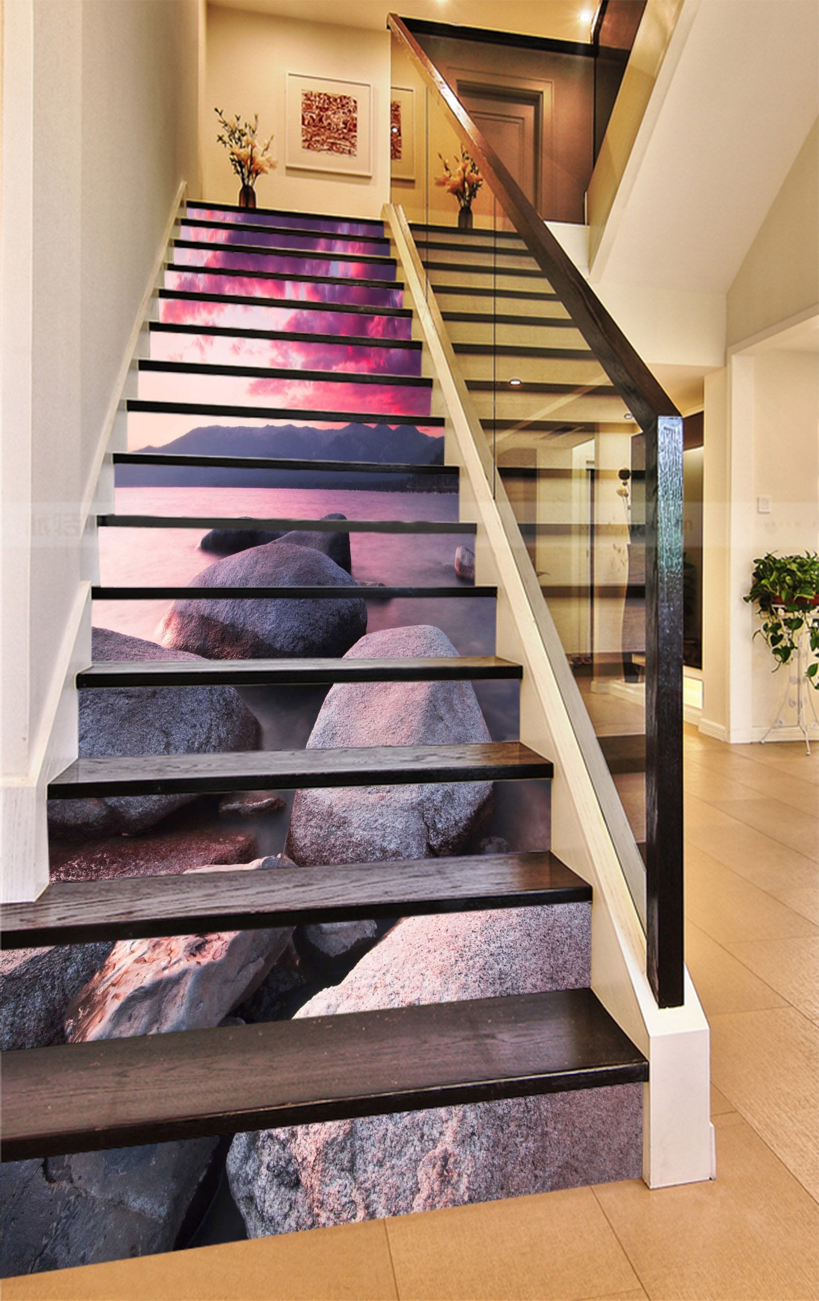 3D Lake Rosy Sky 716 Stair Risers Wallpaper AJ Wallpaper 