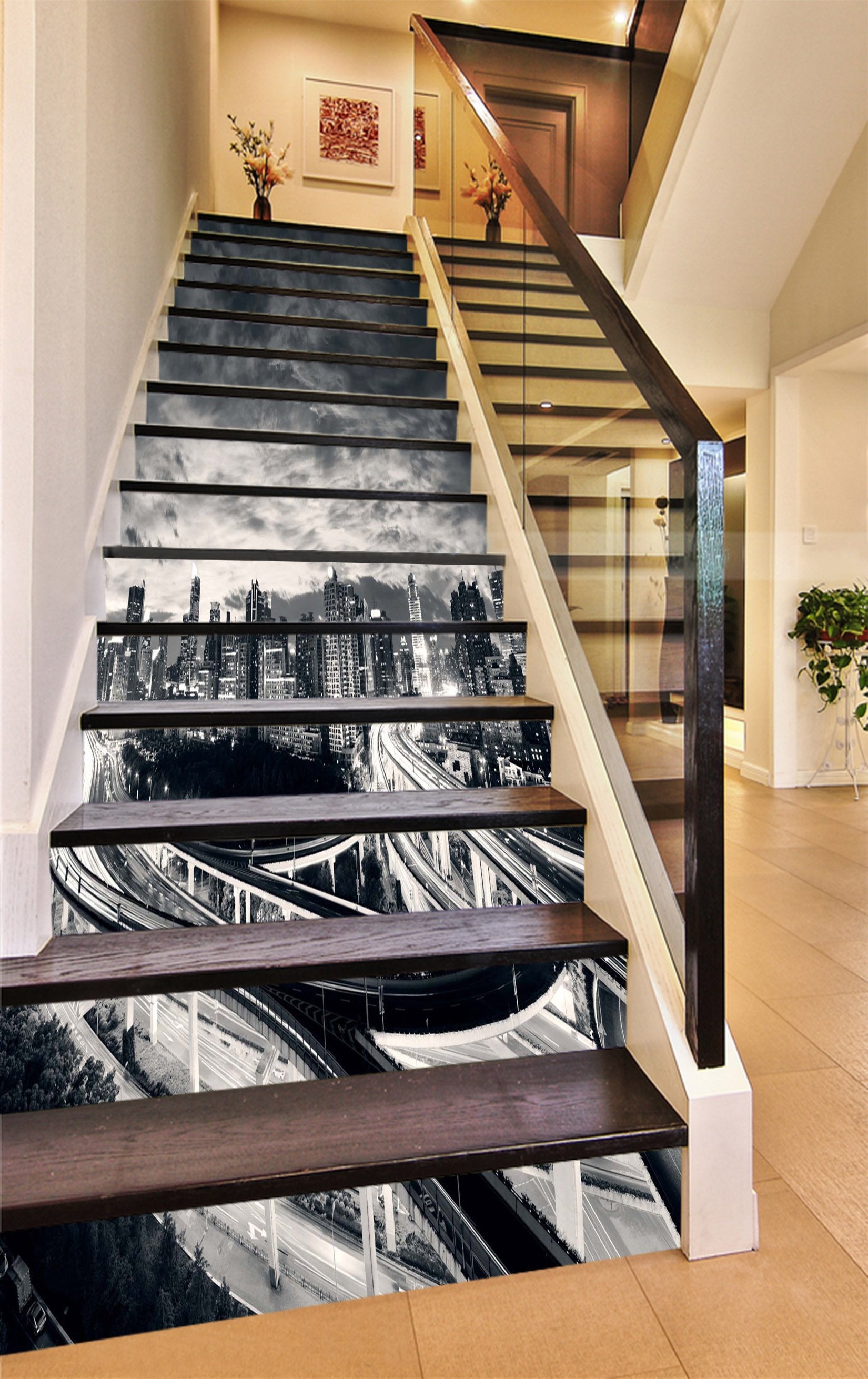 3D Cloudy City Scenery 1025 Stair Risers Wallpaper AJ Wallpaper 