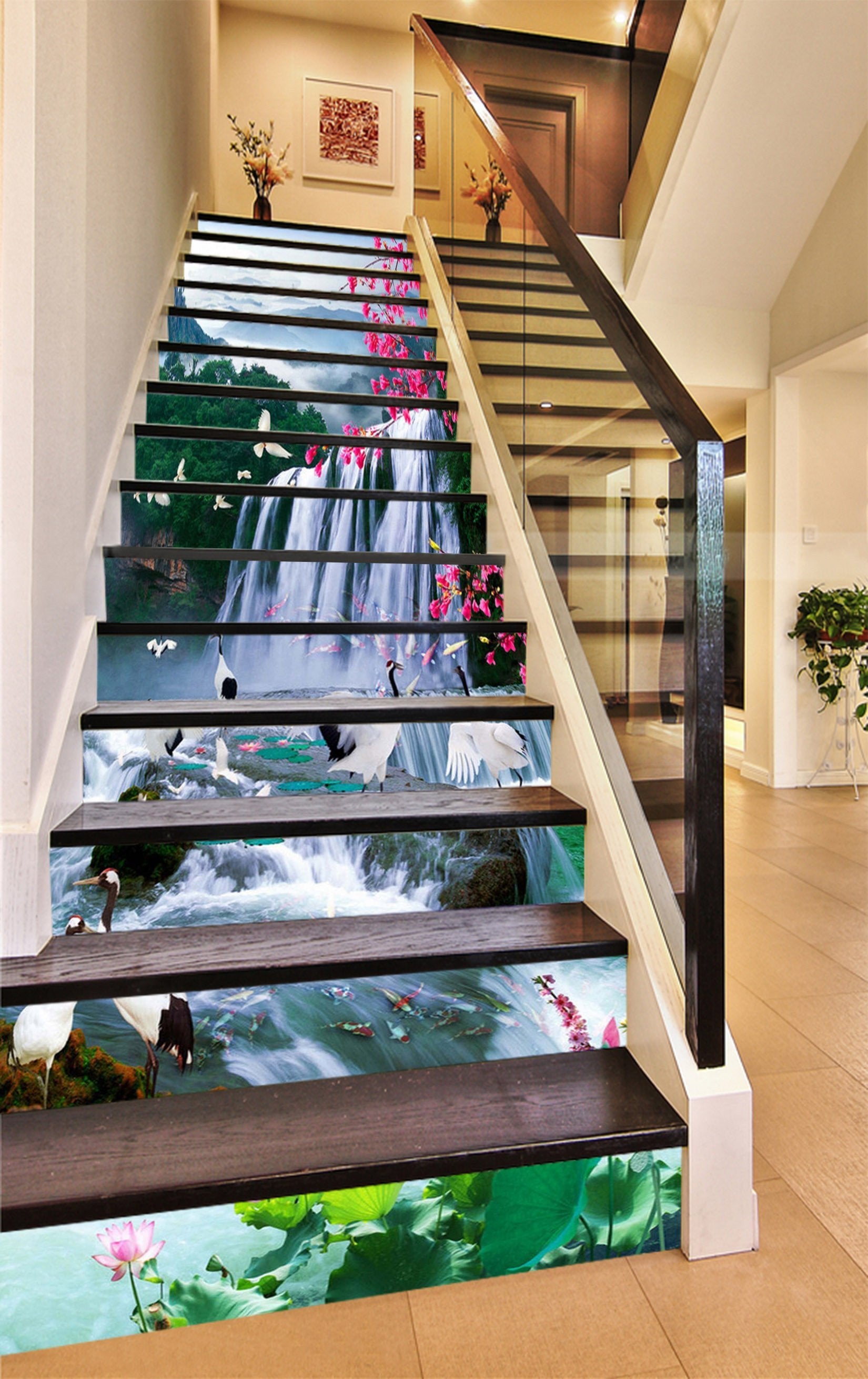 3D Waterfall Cranes 1415 Stair Risers Wallpaper AJ Wallpaper 