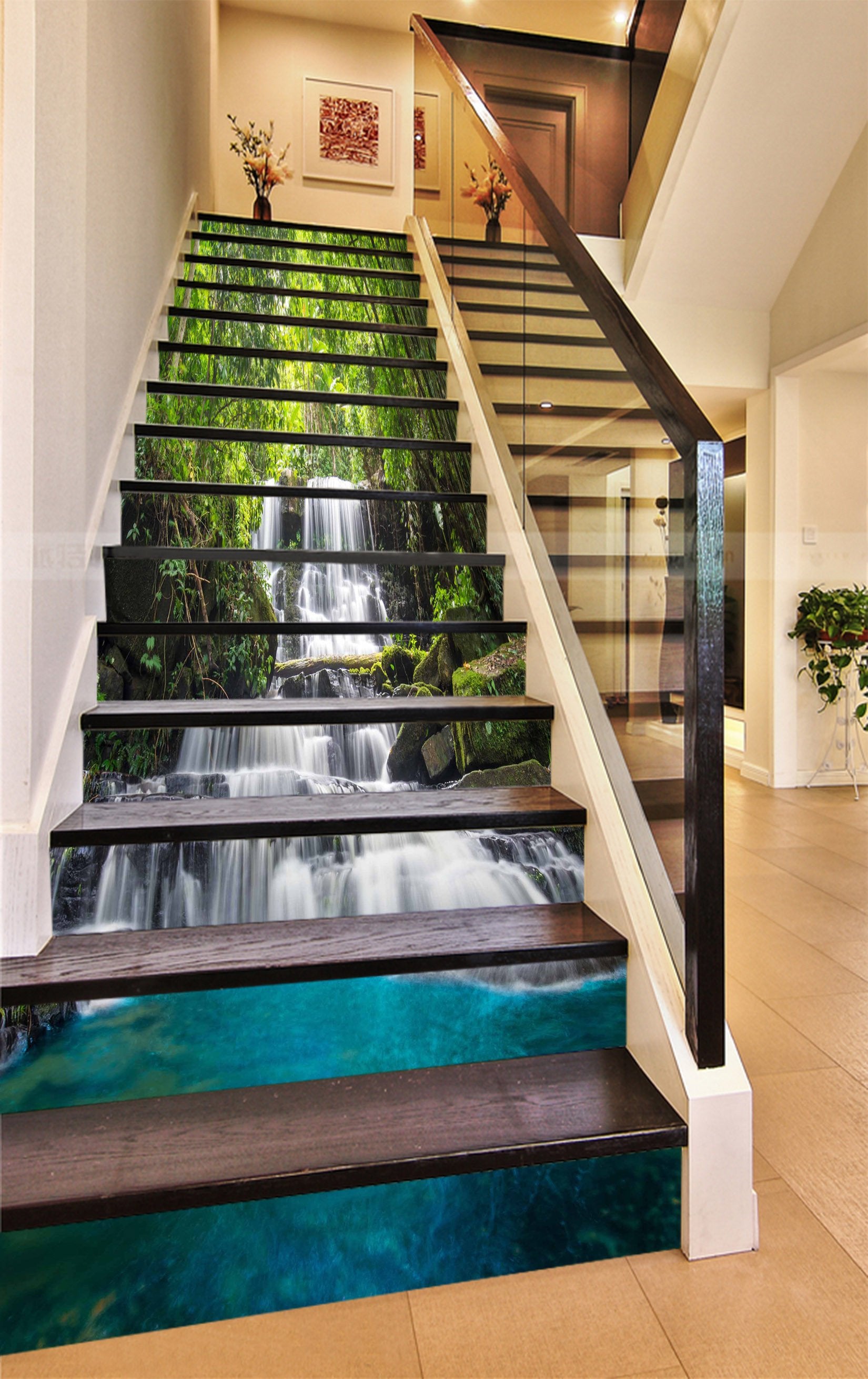 3D Forest Flowing Waterfall 815 Stair Risers Wallpaper AJ Wallpaper 
