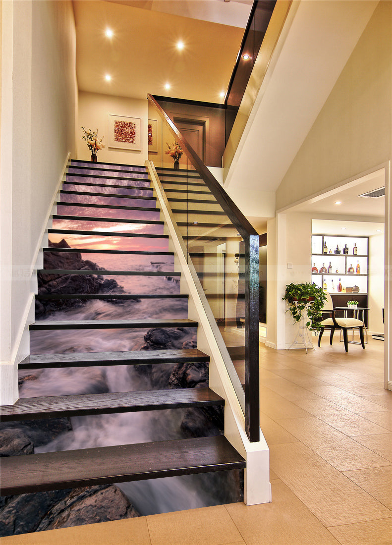 3D Pink Sky And Flowing Water 113 Stair Risers