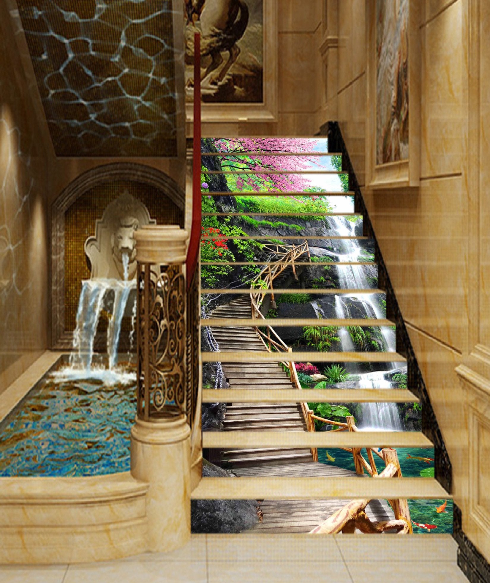 3D Waterfall Wooden Stairs 1155 Stair Risers Wallpaper AJ Wallpaper 