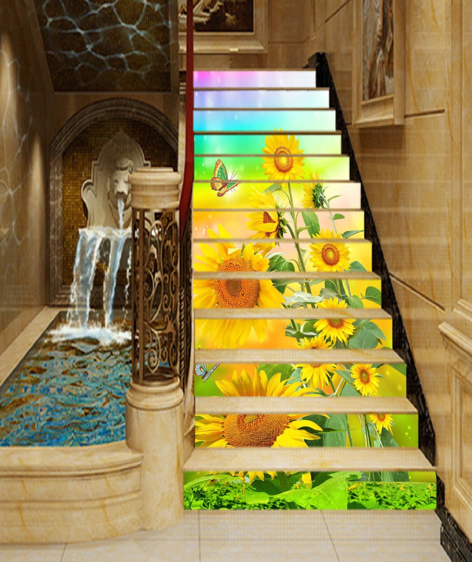 3D Sunflowers Butterflies 1324 Stair Risers Wallpaper AJ Wallpaper 