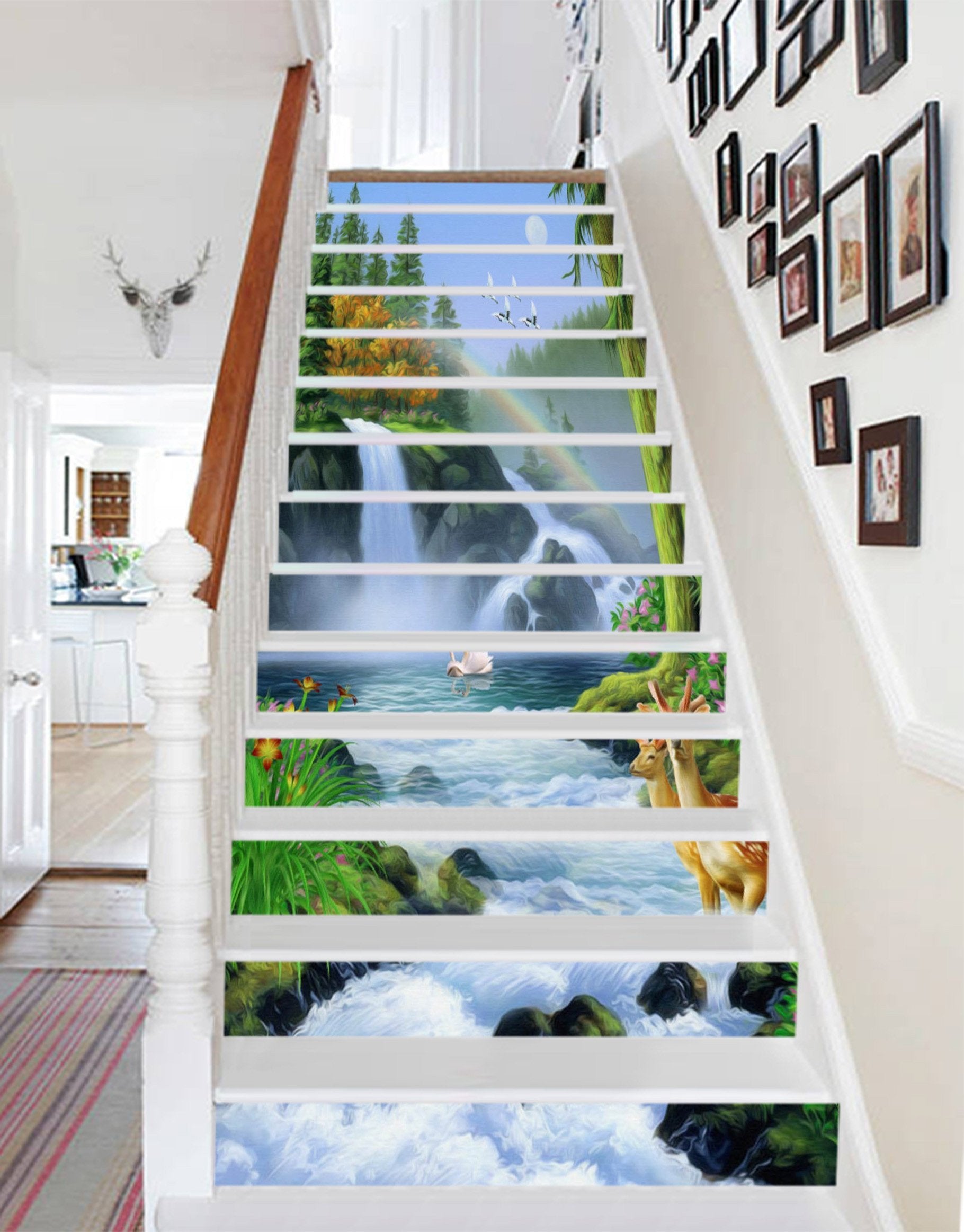 3D Waterfall Rainbow Animals 1481 Stair Risers Wallpaper AJ Wallpaper 