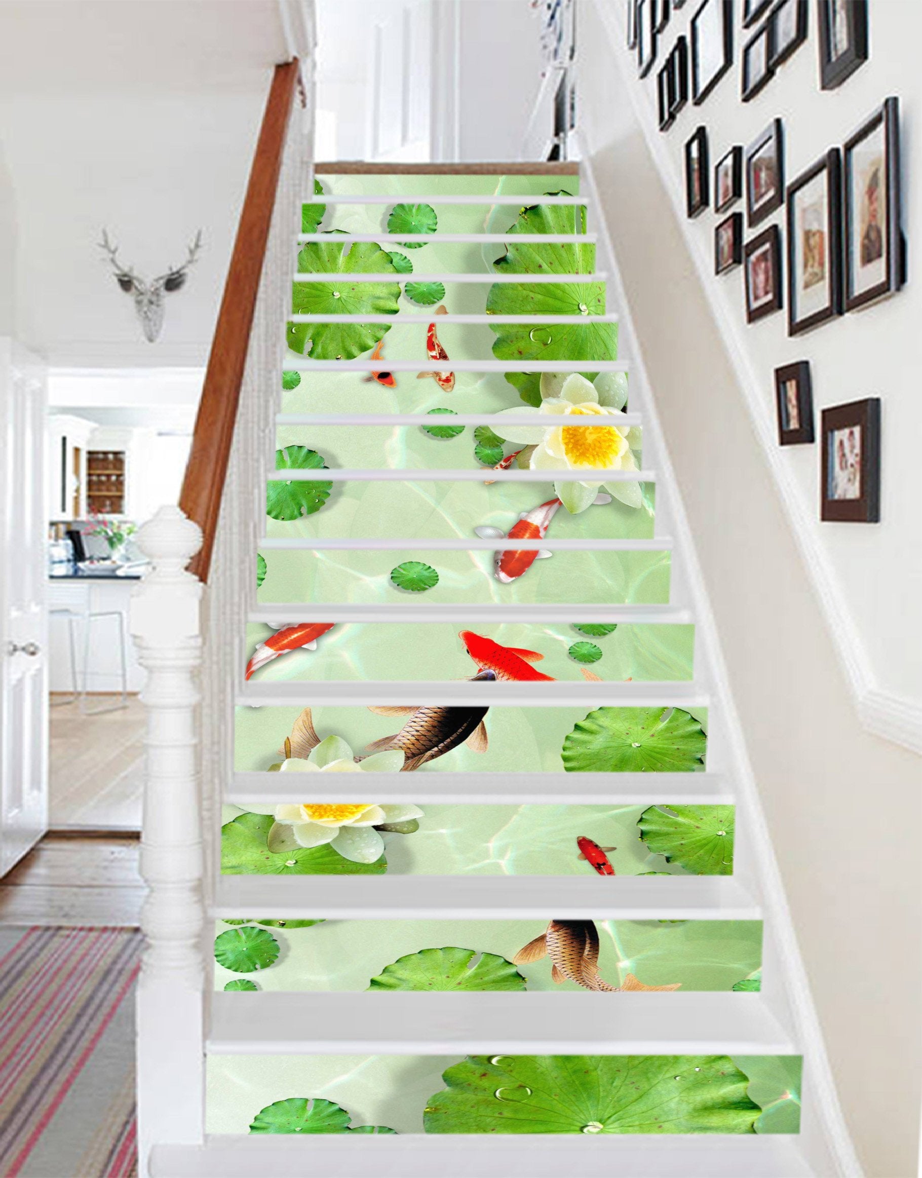 3D Lake Fishes Lotus 1125 Stair Risers Wallpaper AJ Wallpaper 
