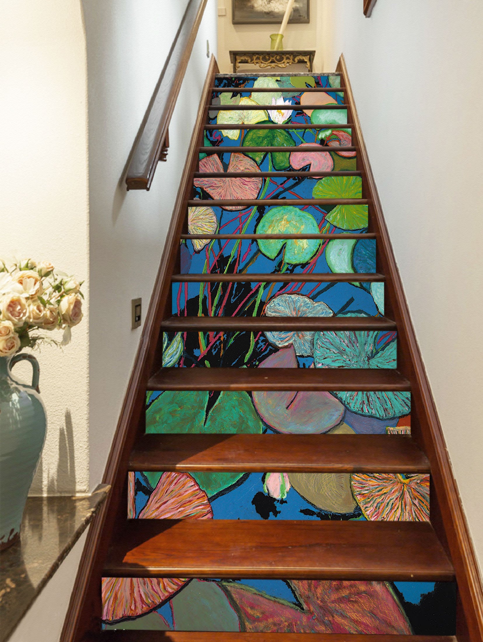 3D Green Brown Lotus Leaf Painting 90144 Allan P. Friedlander Stair Risers