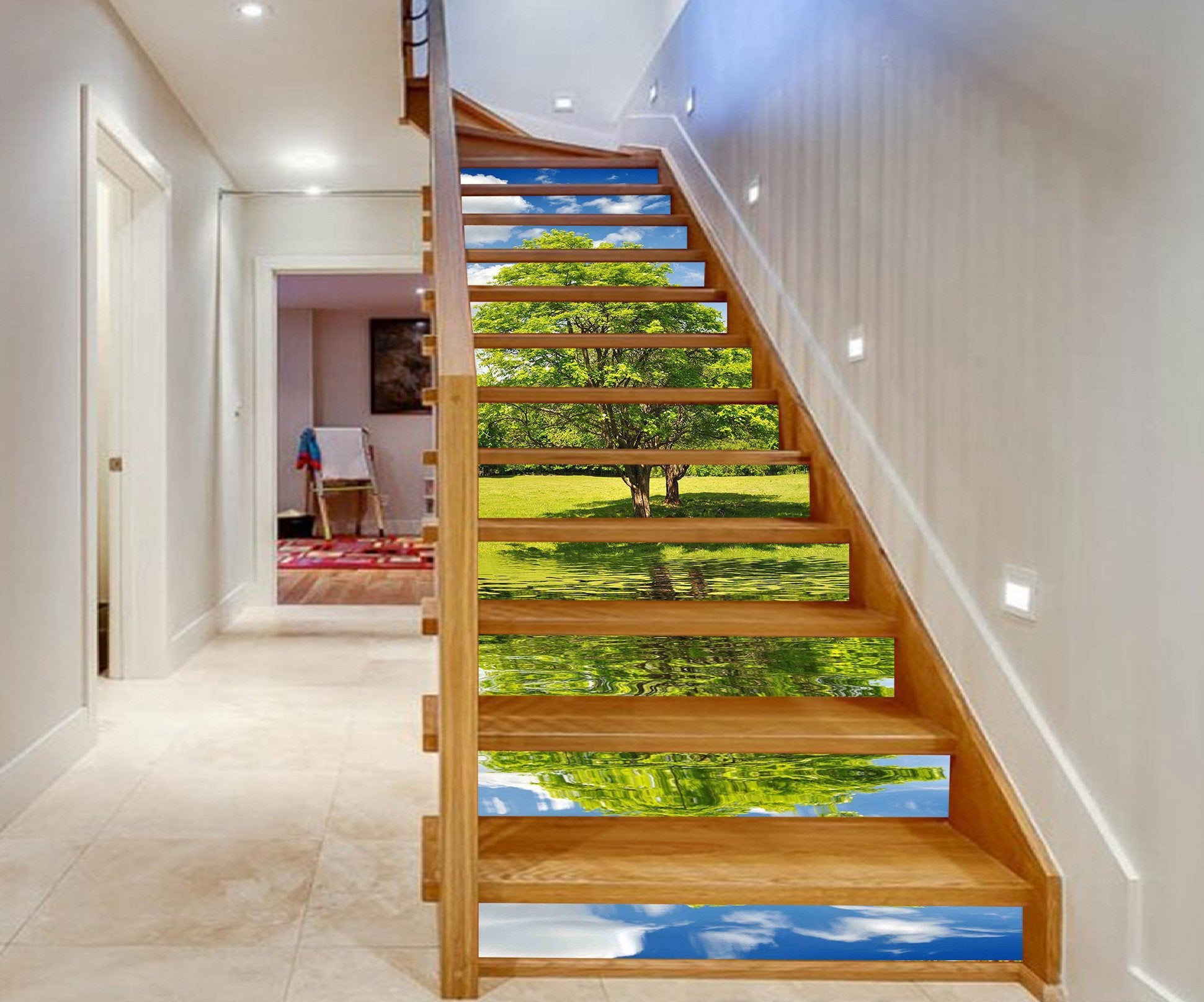 3D Riverside Lawn Trees 1309 Stair Risers Wallpaper AJ Wallpaper 
