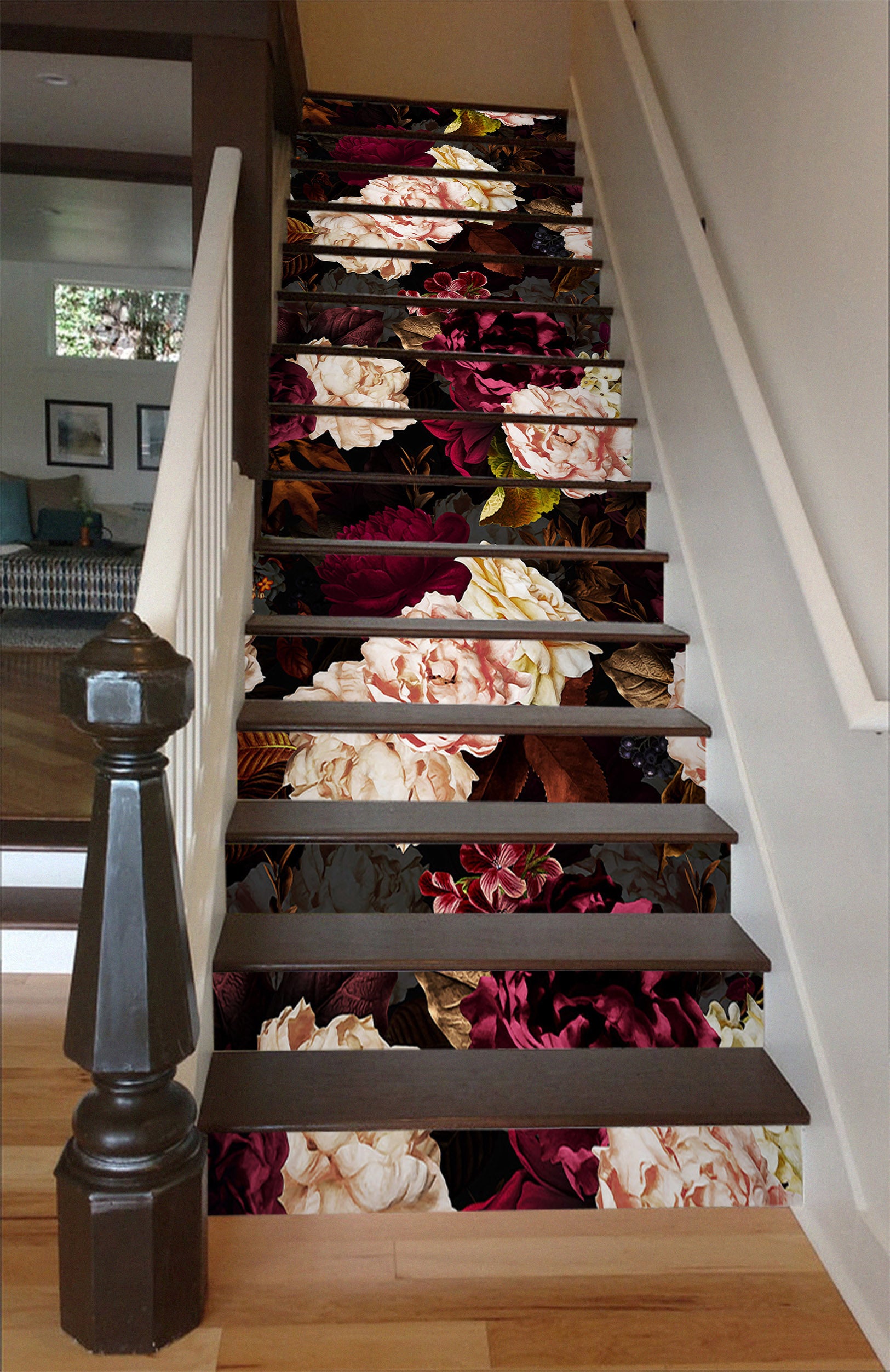 3D Dark Red White Flowers 10409 Uta Naumann Stair Risers