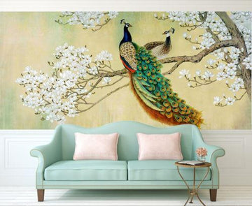 3D Tree Peacocks 395 Wall Paper 520cm wide and 290cm high in woven paper AJ Wallpaper 