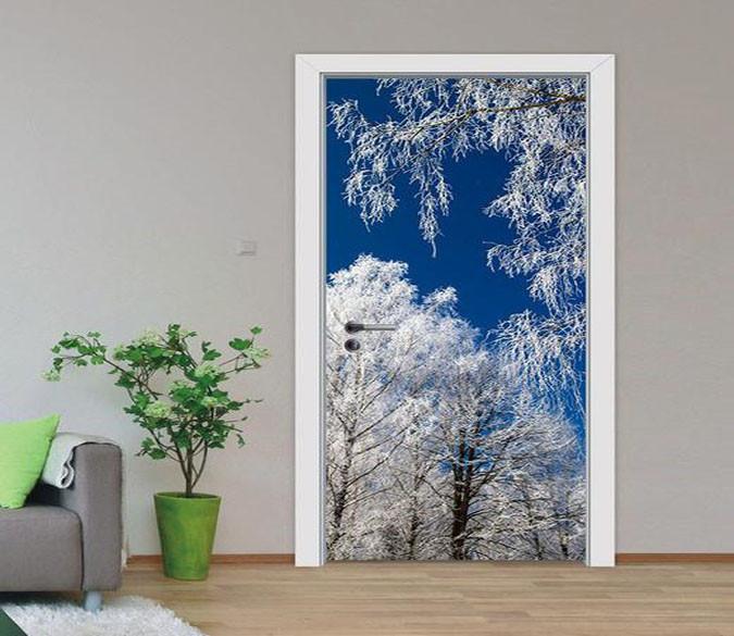 3D snow tree blue sky white clouds door mural Wallpaper AJ Wallpaper 