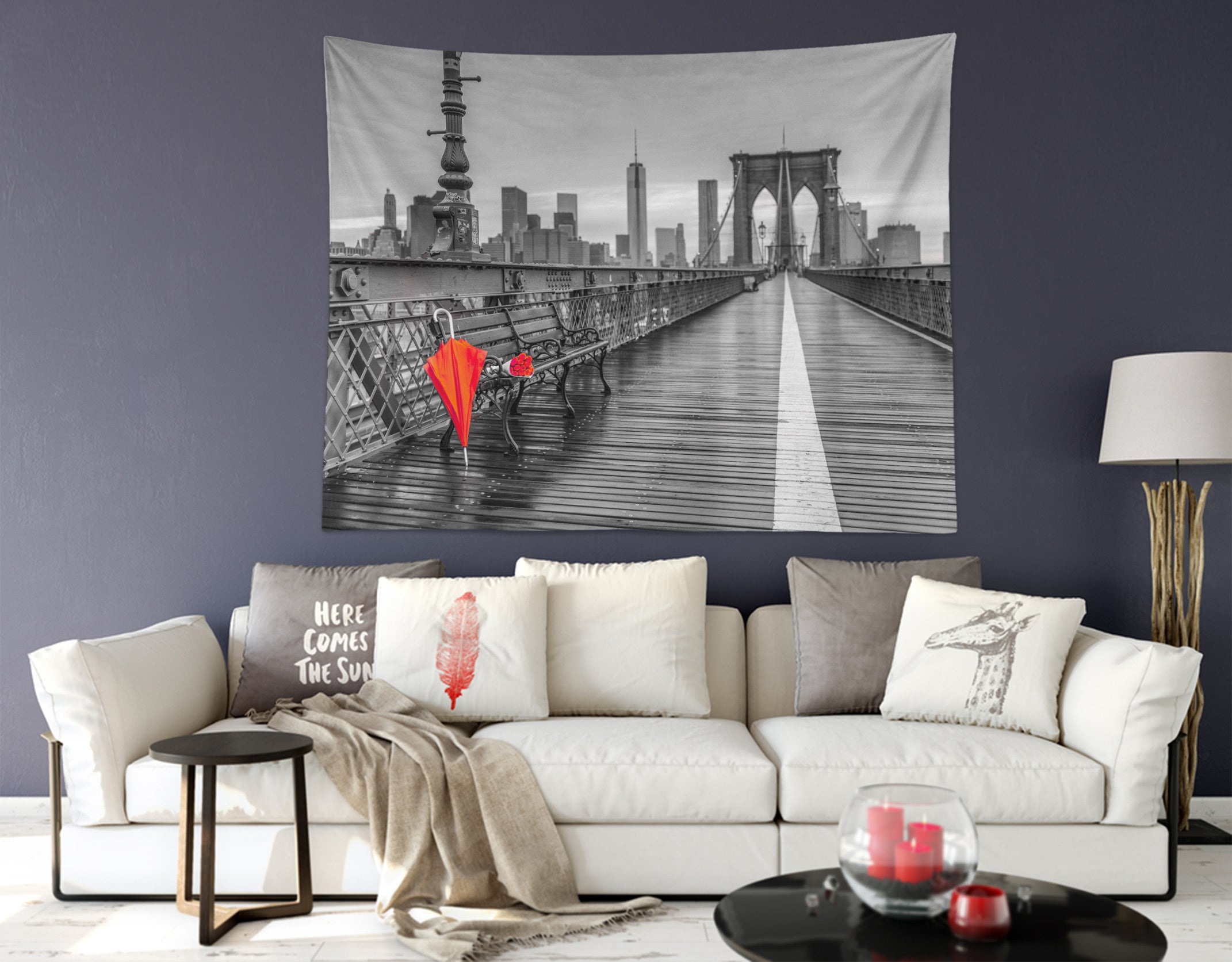 3D Bridge Red Umbrella 11698 Assaf Frank Tapestry Hanging Cloth Hang
