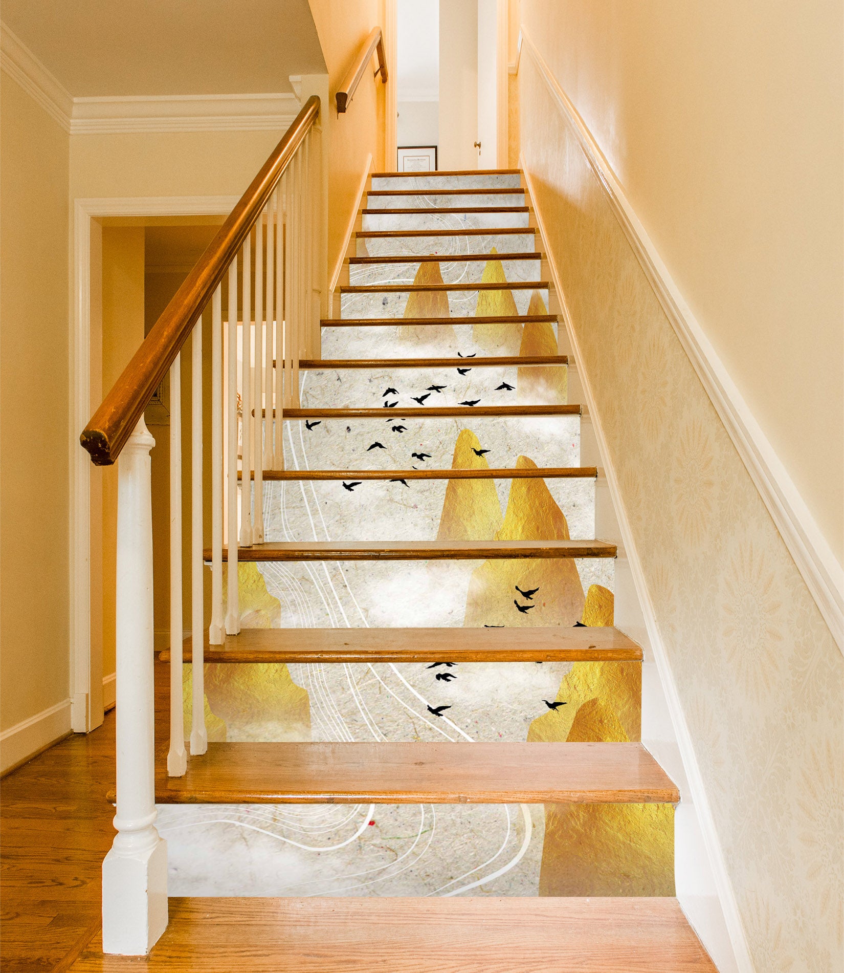 3D Yellow Sand Flying Bird 612 Stair Risers