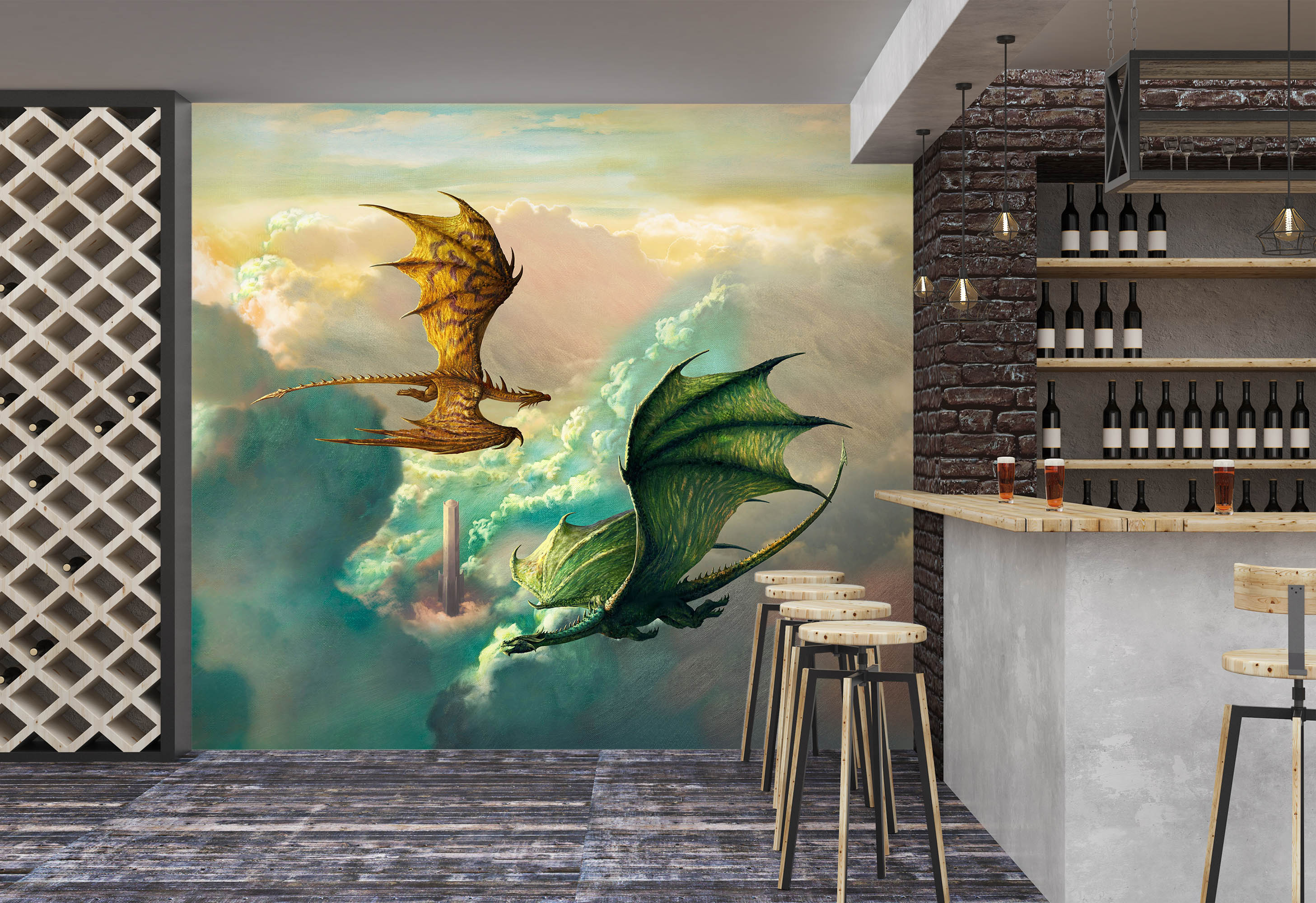 3D Tower Clouds Dragon 7085 Ciruelo Wall Mural Wall Murals