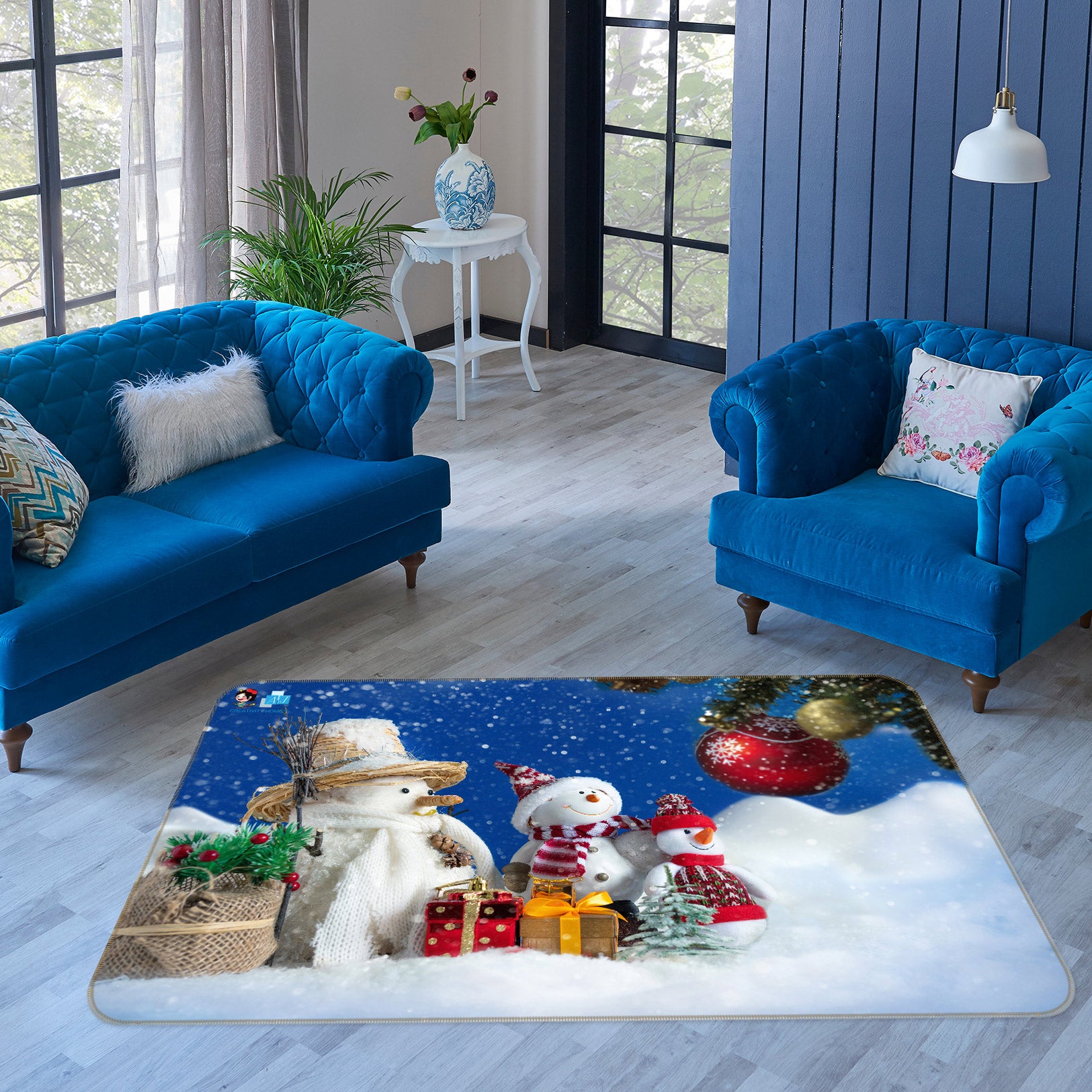 3D Two Snowmen 56169 Christmas Non Slip Rug Mat Xmas