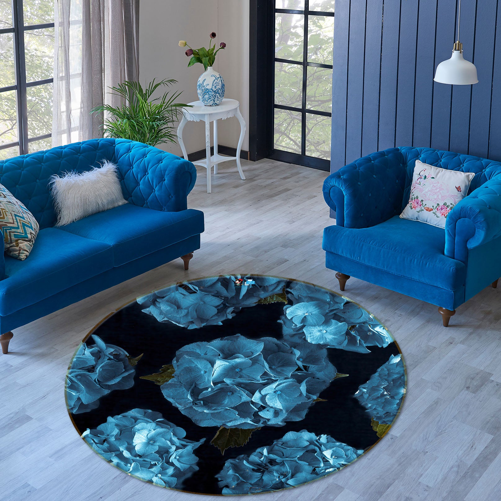3D Blue Flowers 7324 Assaf Frank Rug Round Non Slip Rug Mat