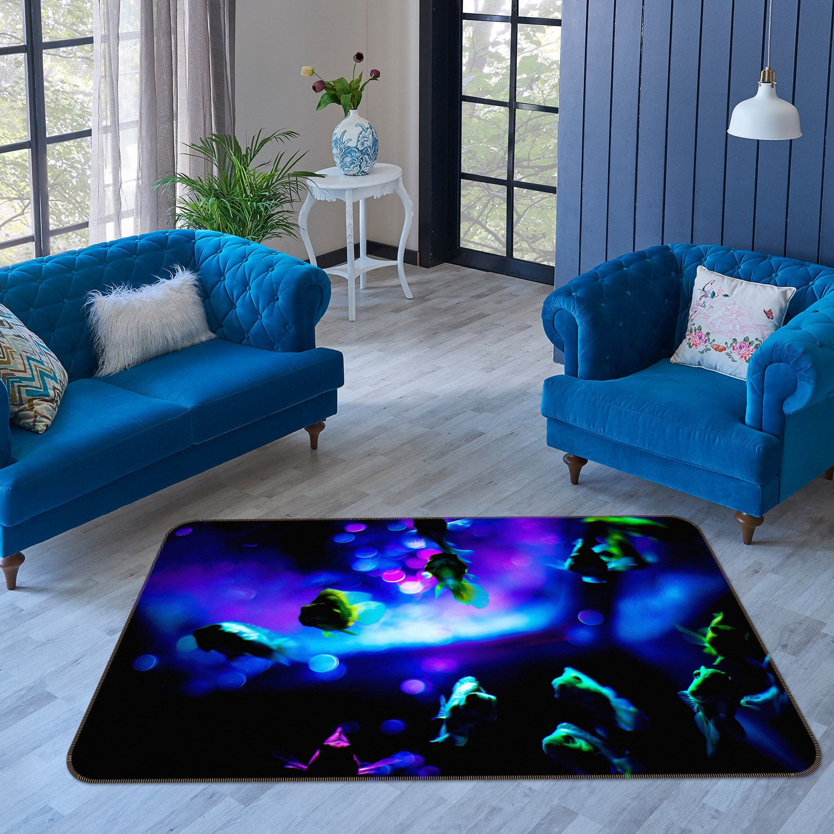 3D Blue Flowers 1001 Noirblanc777 Rug Non Slip Rug Mat