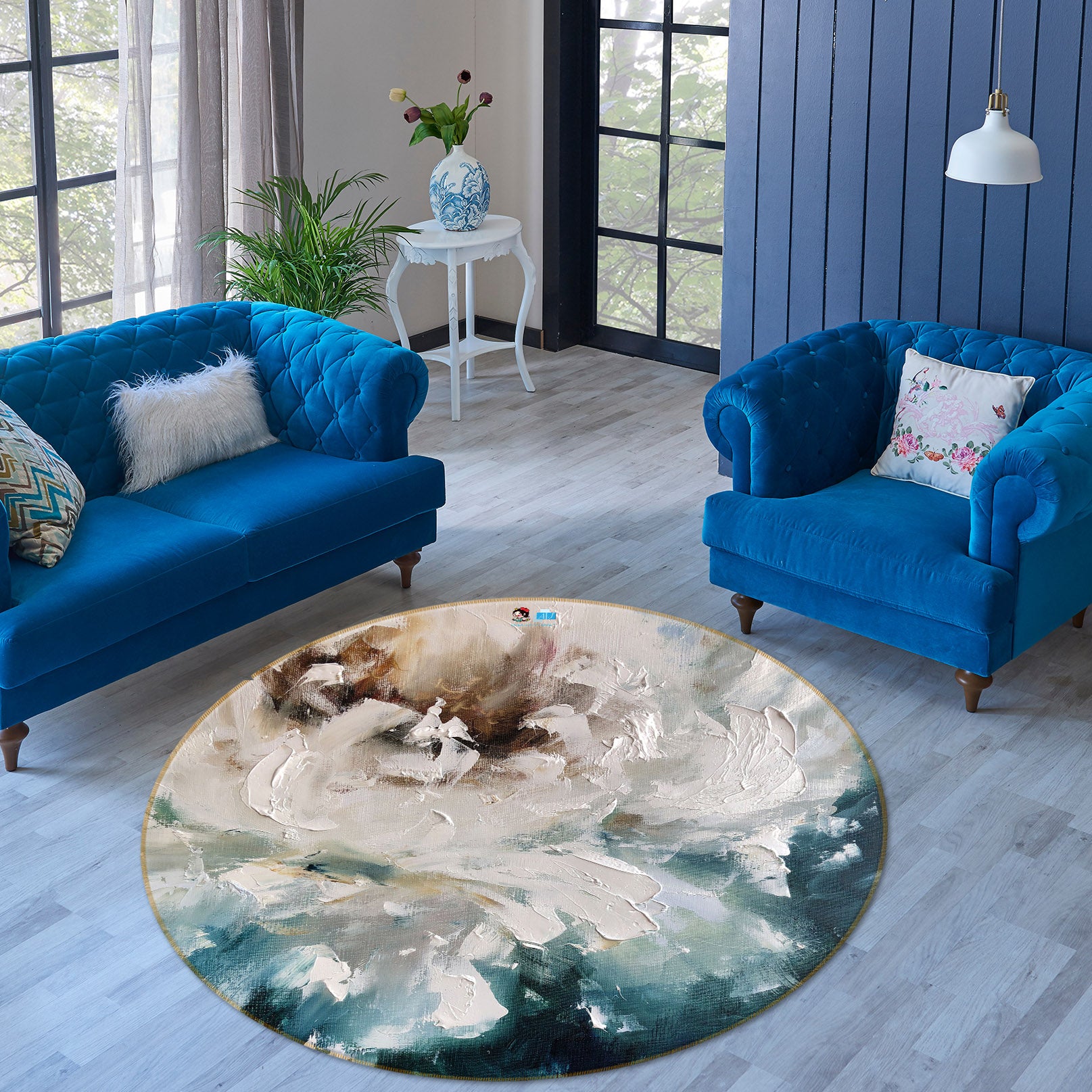 3D White Flower 904 Skromova Marina Rug Round Non Slip Rug Mat