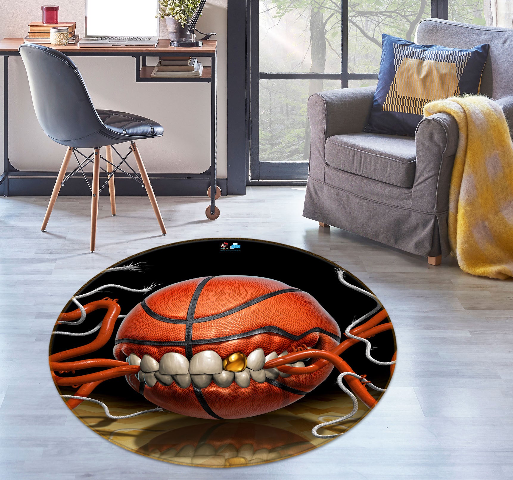 3D Teeth Basketball 4149 Tom Wood Rug Round Non Slip Rug Mat