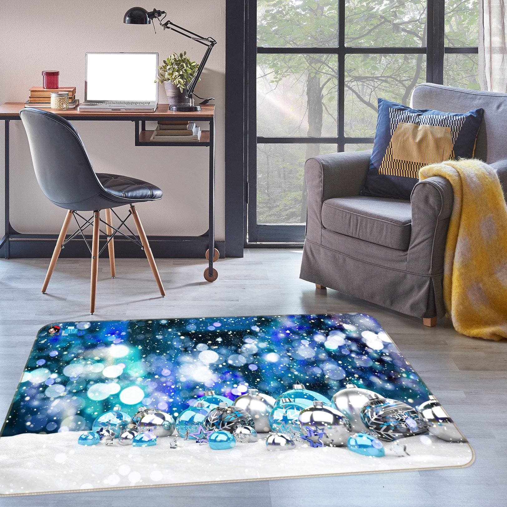 3D Silver Blue Ball 56131 Christmas Non Slip Rug Mat Xmas