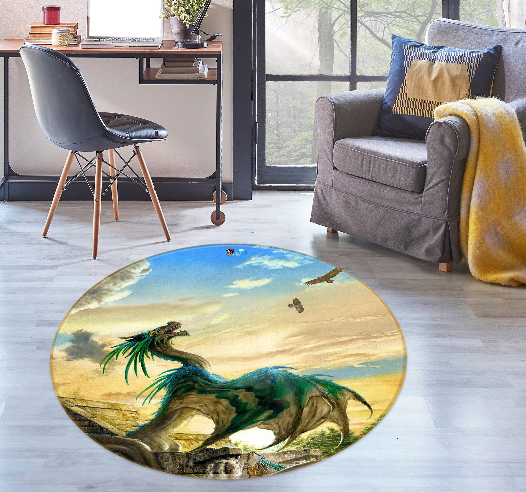3D Blue-Green Dragon 6142 Ciruelo Rug Round Non Slip Rug Mat