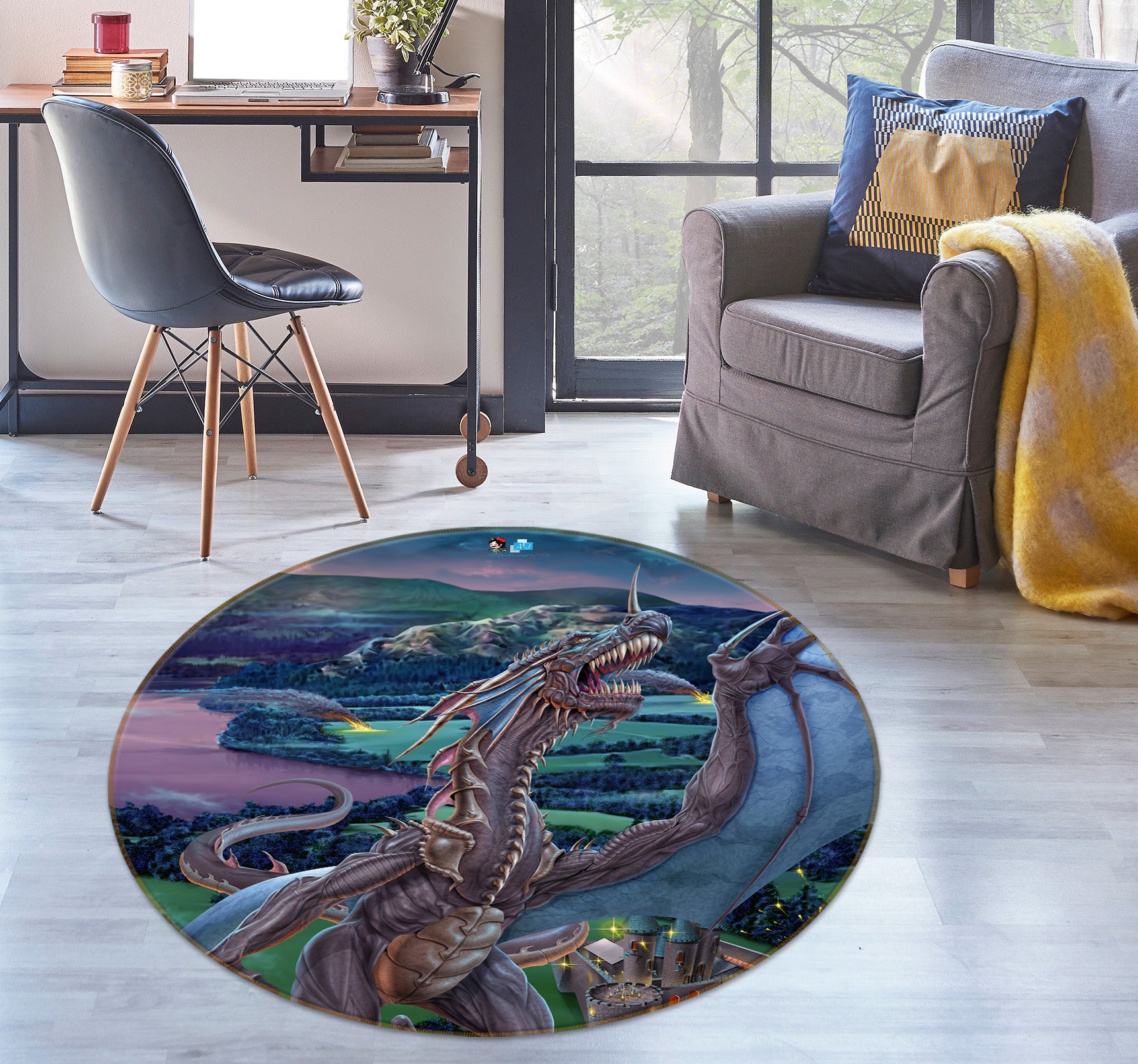 3D Big Dragon 4180 Tom Wood Rug Round Non Slip Rug Mat
