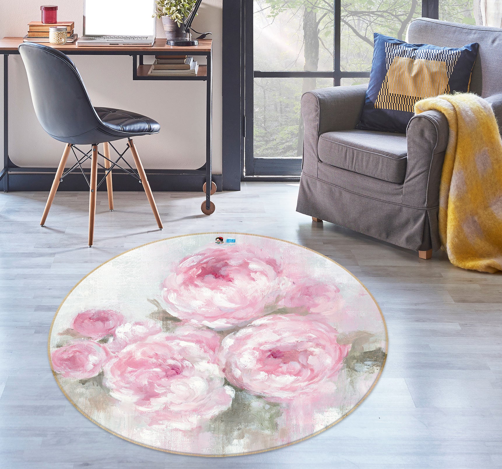 3D Pink Flowers 1191 Debi Coules Rug Round Non Slip Rug Mat