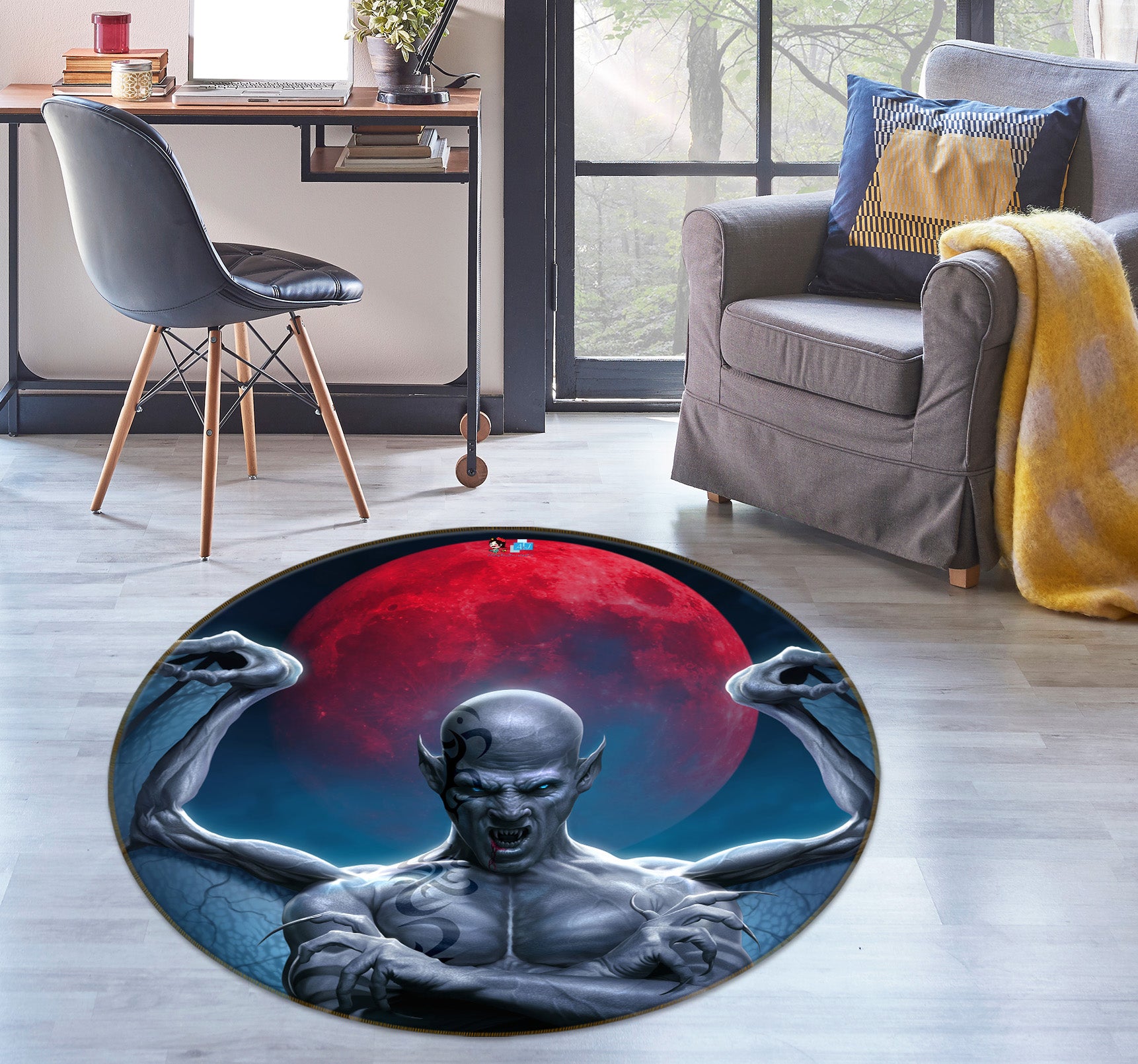 3D Red Moon Dragon Man 4164 Tom Wood Rug Round Non Slip Rug Mat