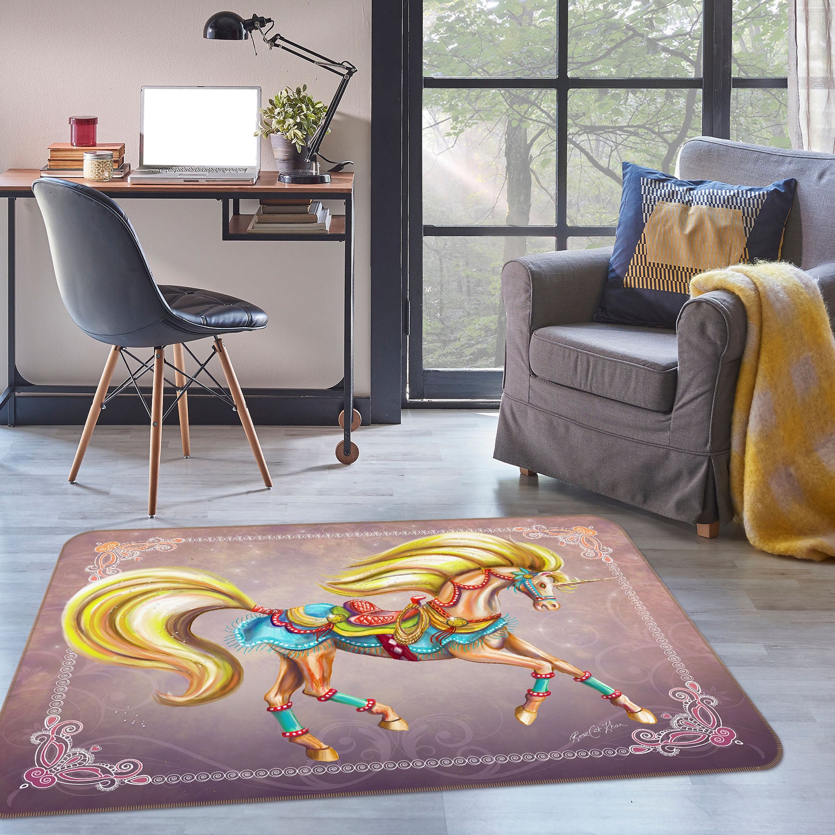 3D Golden Unicorn 3025 Rose Catherine Khan Rug Non Slip Rug Matt