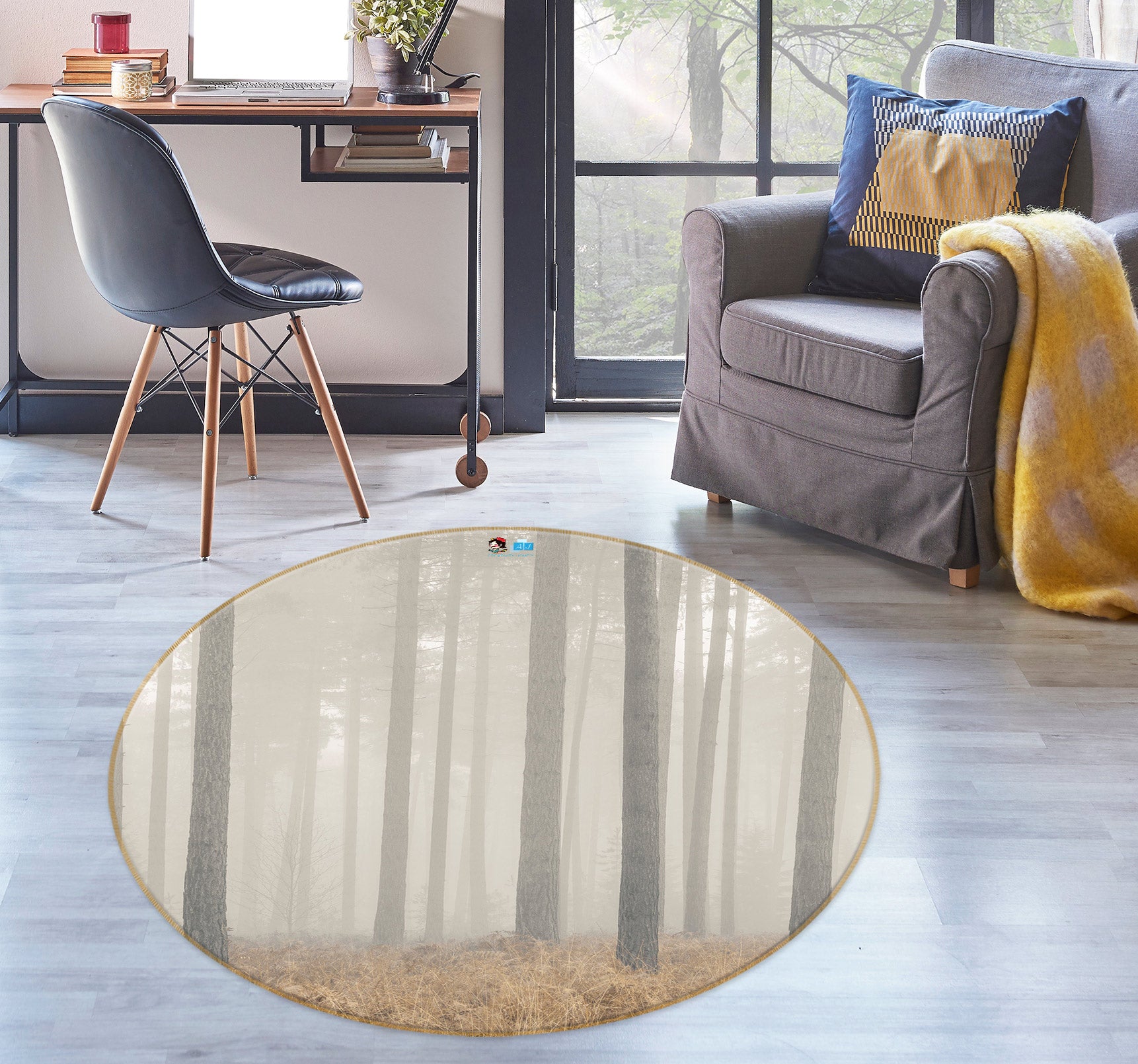 3D Forest Fog 7584 Assaf Frank Rug Round Non Slip Rug Mat