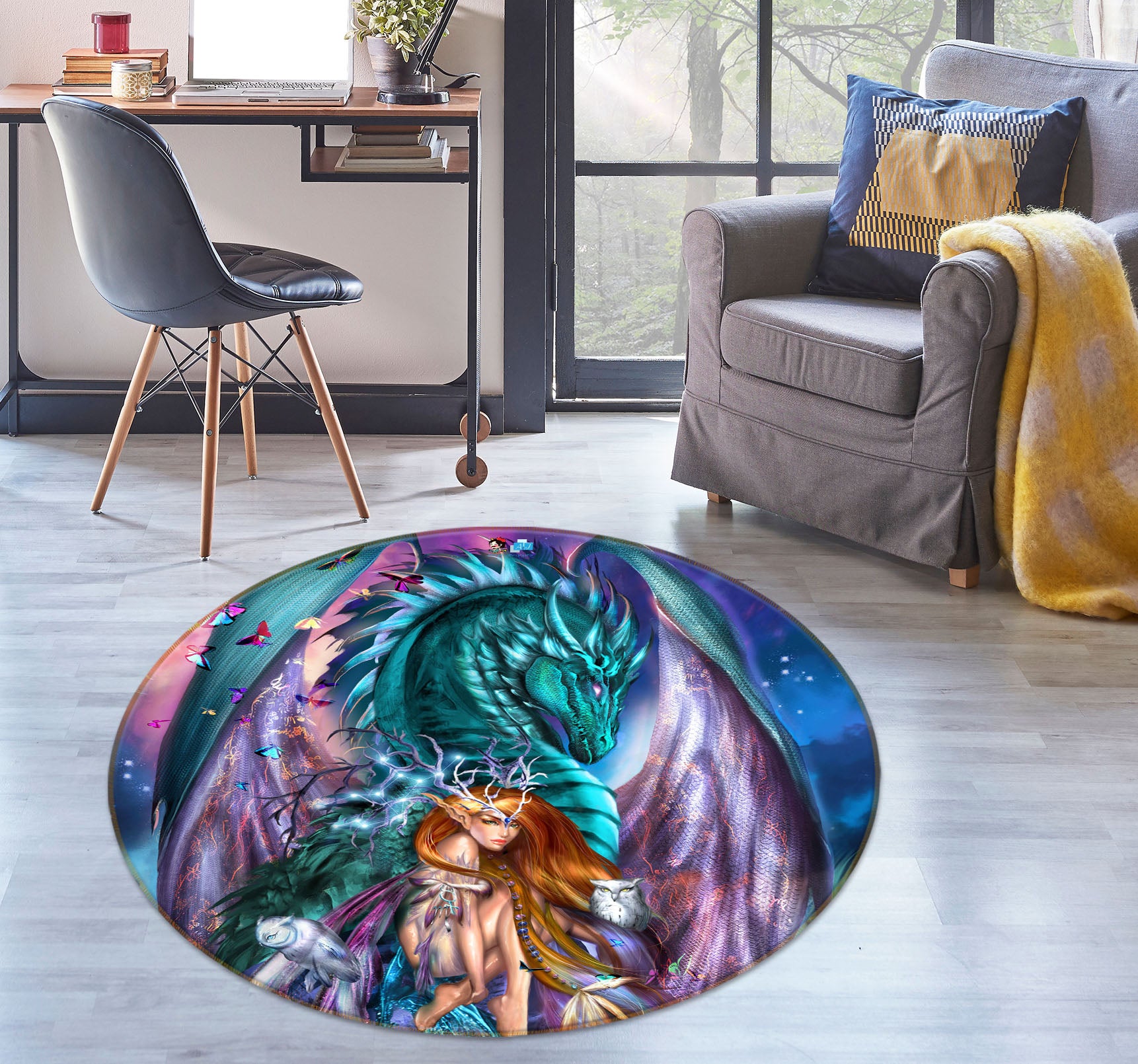 3D Butterfly Dragon Girl 8395 Ruth Thompson Rug Round Non Slip Rug Mat