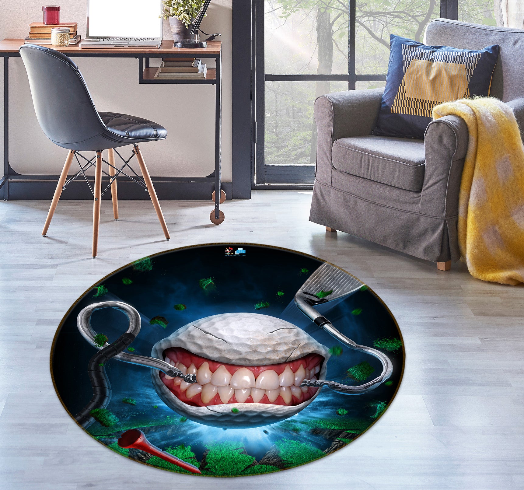 3D Teeth Golf Ball 4157 Tom Wood Rug Round Non Slip Rug Mat
