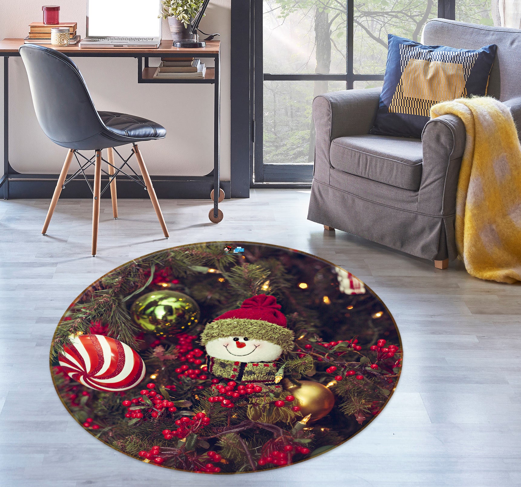 3D Tree Snowman Doll 55181 Christmas Round Non Slip Rug Mat Xmas