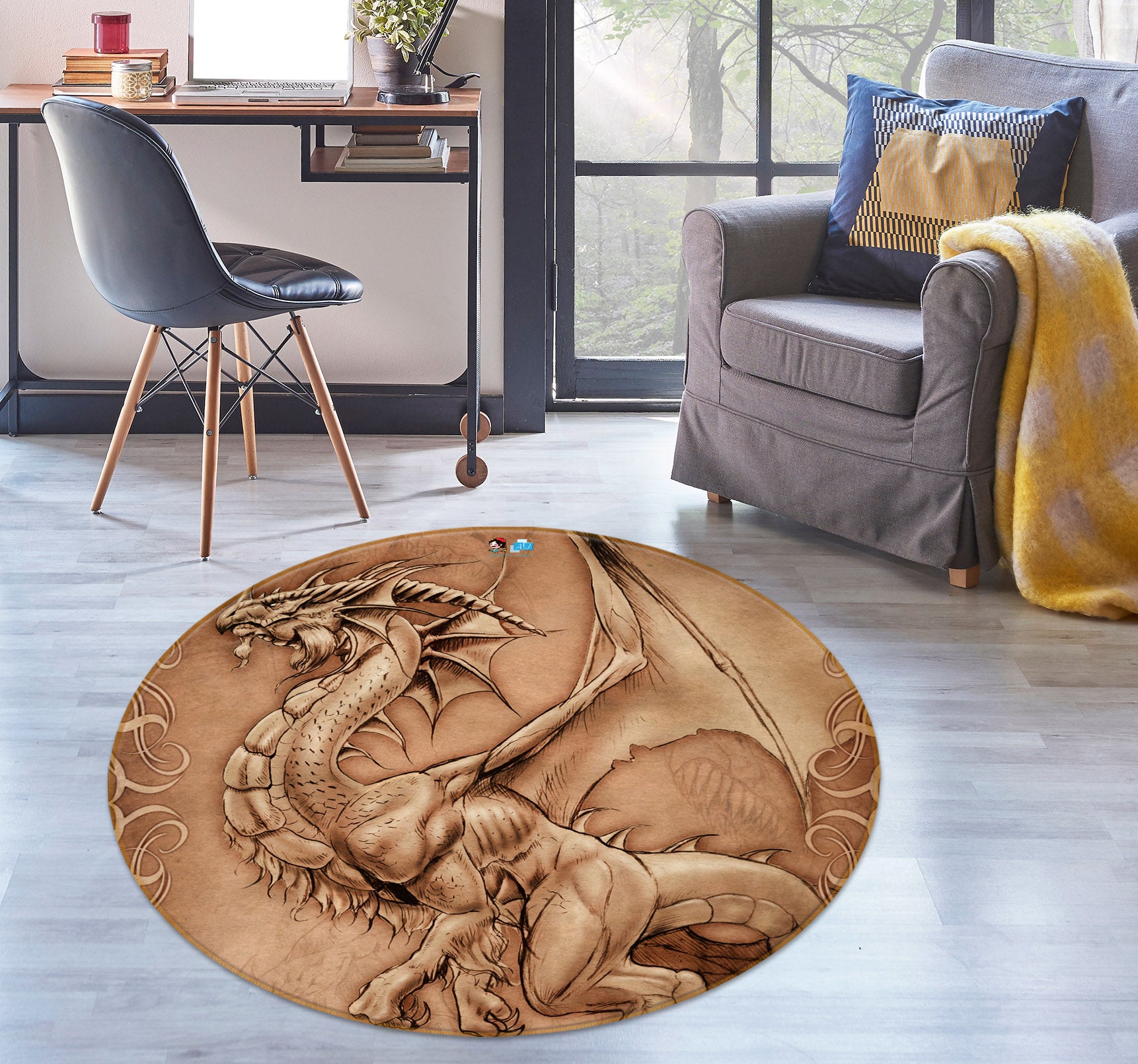 3D Dragon 4182 Tom Wood Rug Round Non Slip Rug Mat