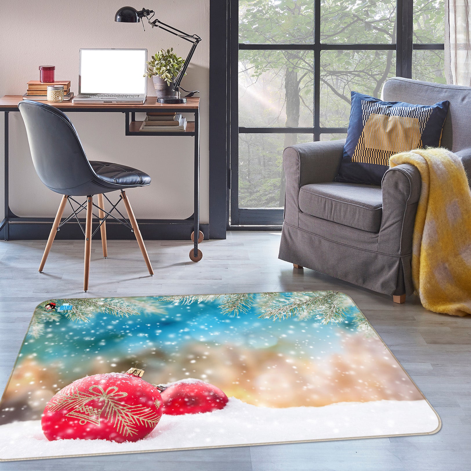 3D Red Sphere Snow 56217 Christmas Non Slip Rug Mat Xmas
