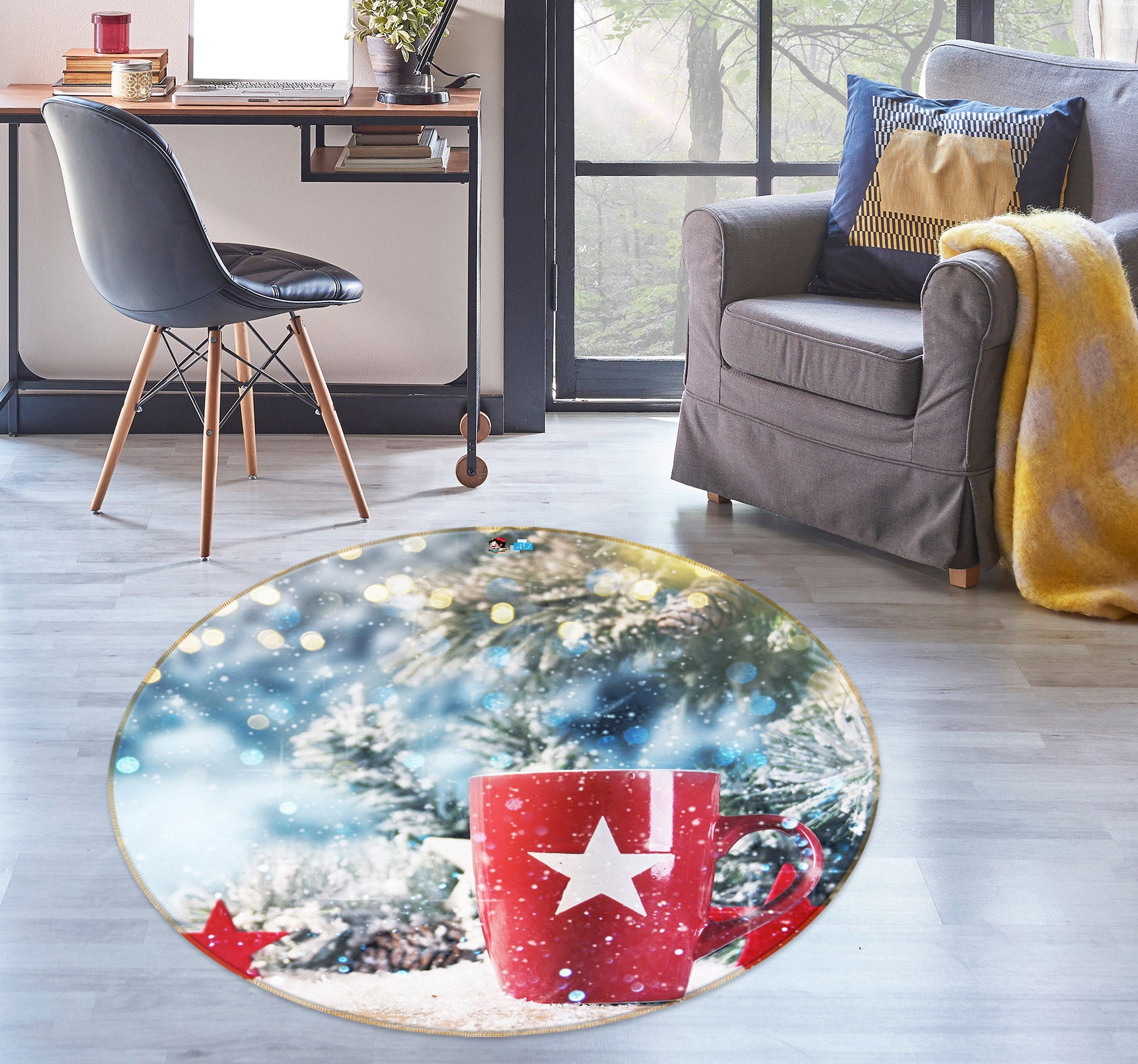 3D Red Cup 55203 Christmas Round Non Slip Rug Mat Xmas