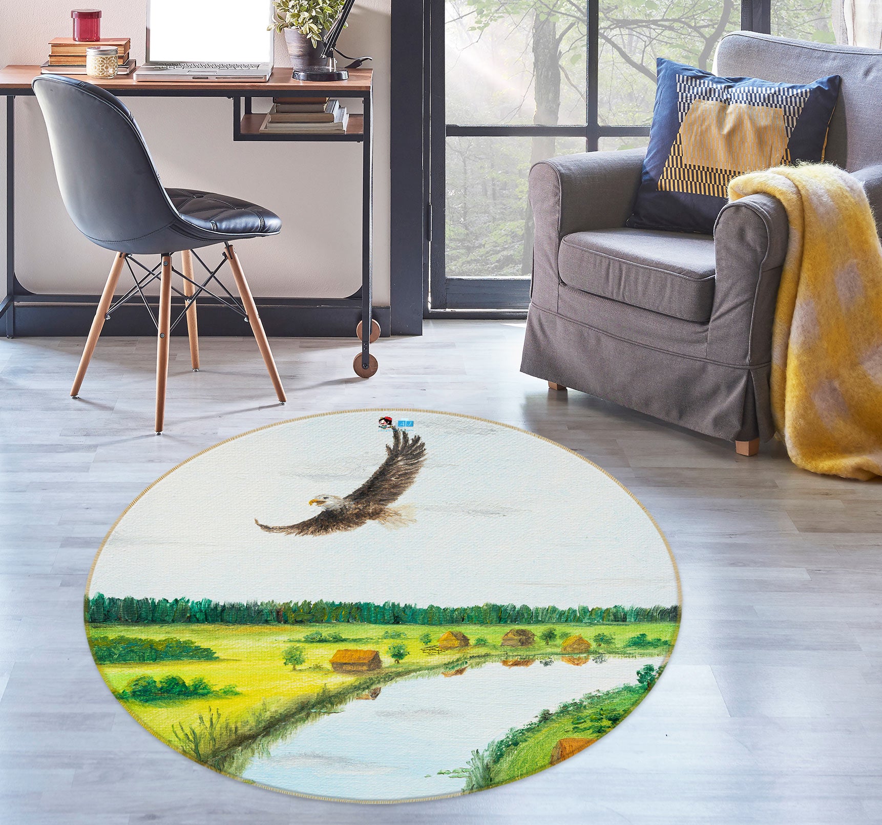 3D River Eagle 18129 Marina Zotova Rug Round Non Slip Rug Mat