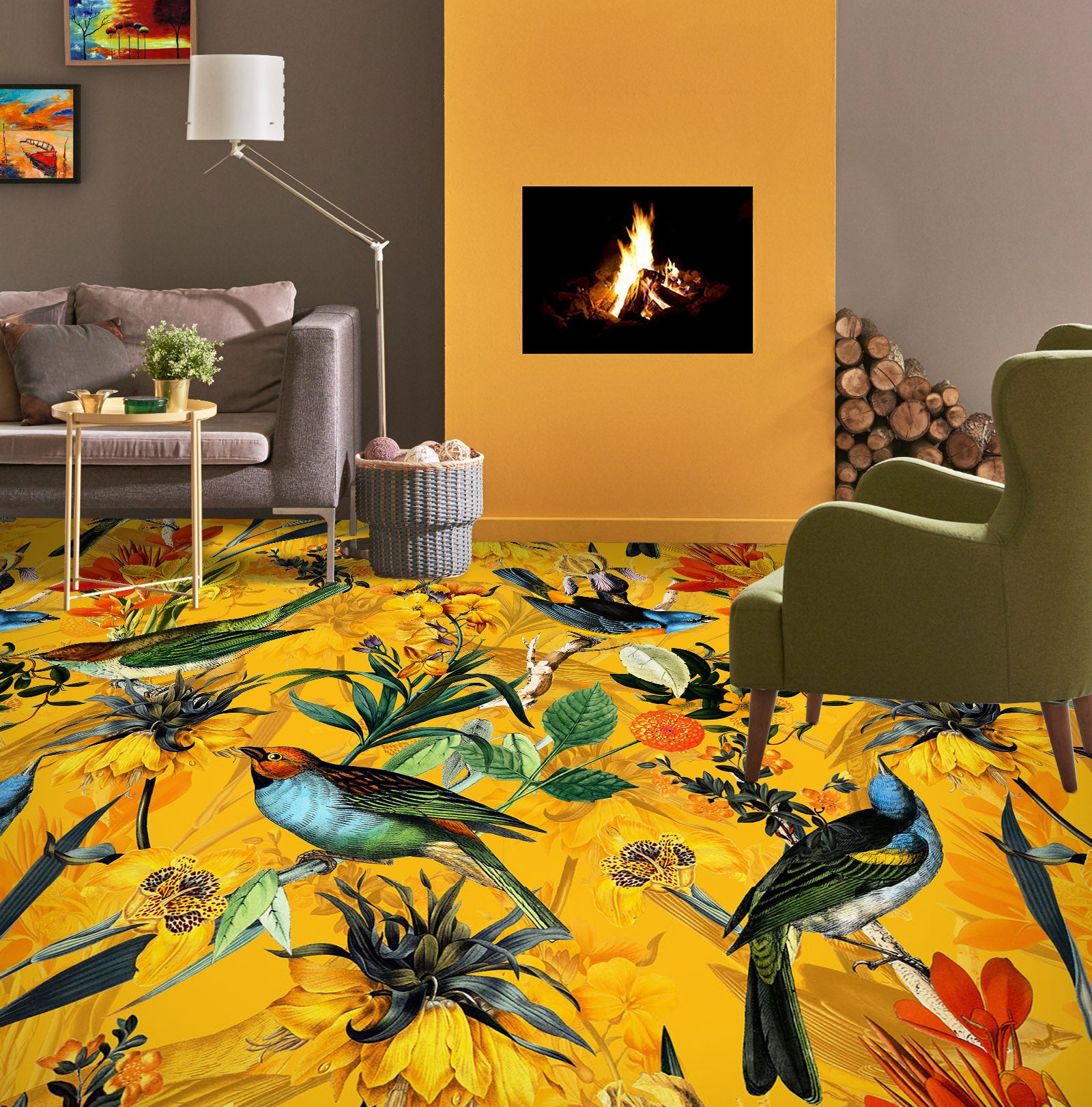 3D Yellow Flower Bird 99192 Uta Naumann Floor Mural  Wallpaper Murals Self-Adhesive Removable Print Epoxy