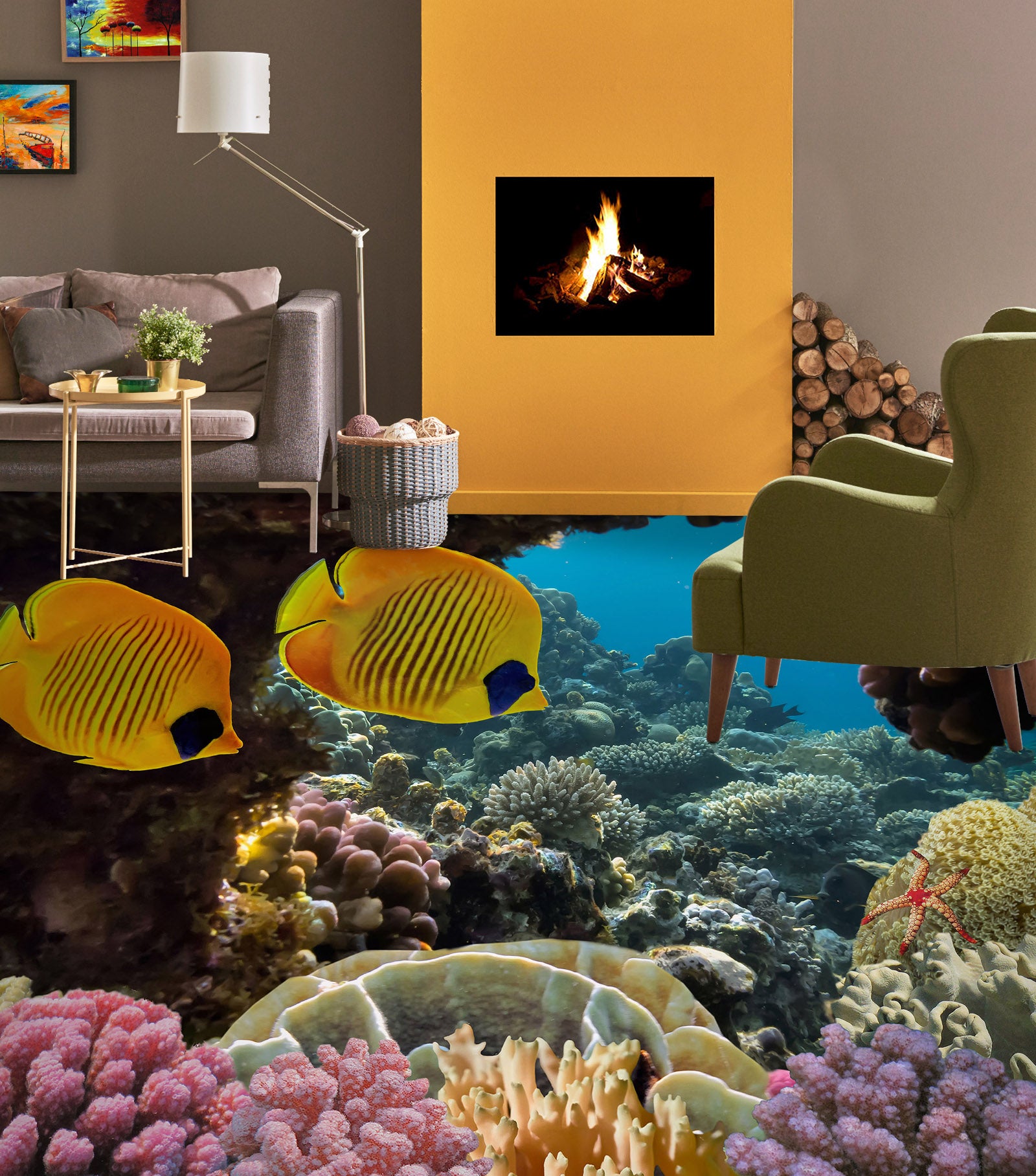 3D Two Yellow Fish 1410 Floor Mural  Wallpaper Murals Self-Adhesive Removable Print Epoxy