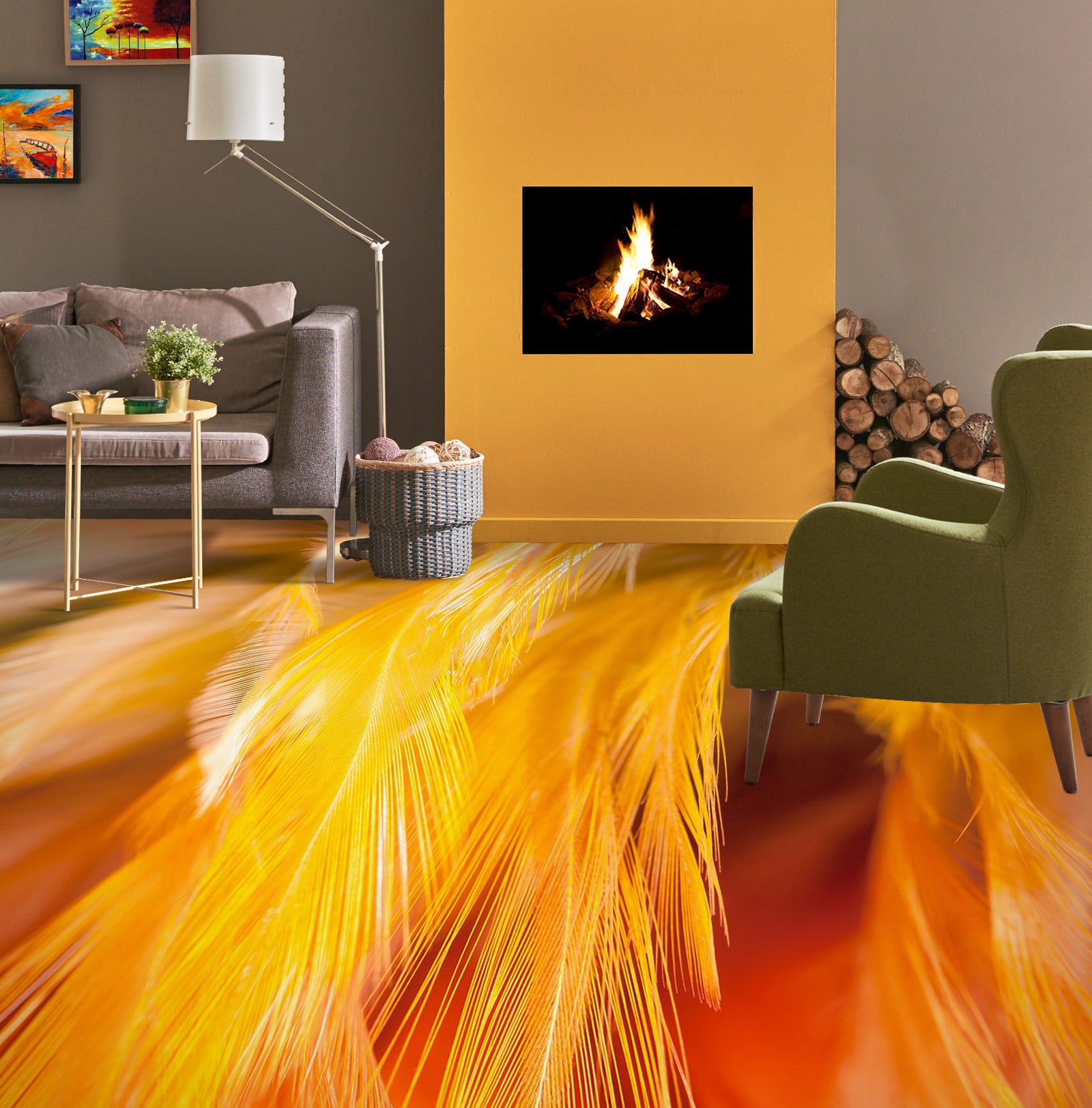 3D Dazzling Yellow Feathers 1145 Floor Mural  Wallpaper Murals Self-Adhesive Removable Print Epoxy
