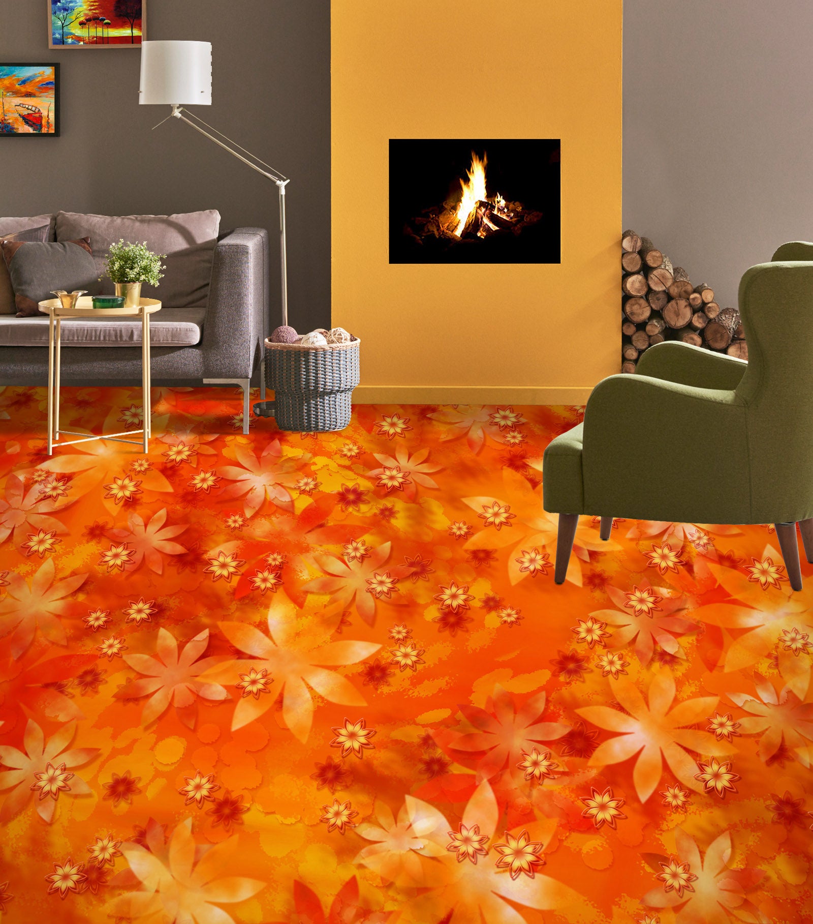 3D Dreamy Orange Flowers 1385 Floor Mural  Wallpaper Murals Self-Adhesive Removable Print Epoxy