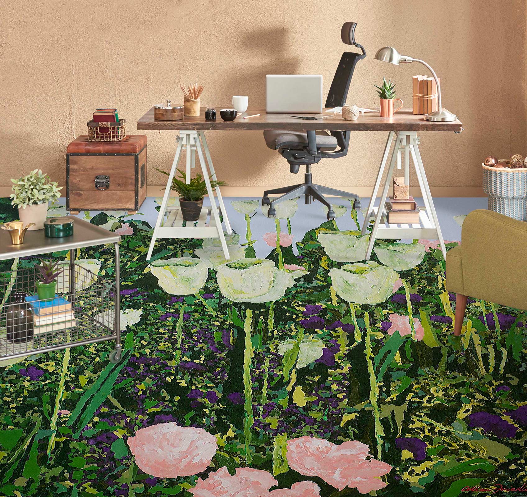 3D White Pink Flower Bush 9569 Allan P. Friedlander Floor Mural  Wallpaper Murals Self-Adhesive Removable Print Epoxy