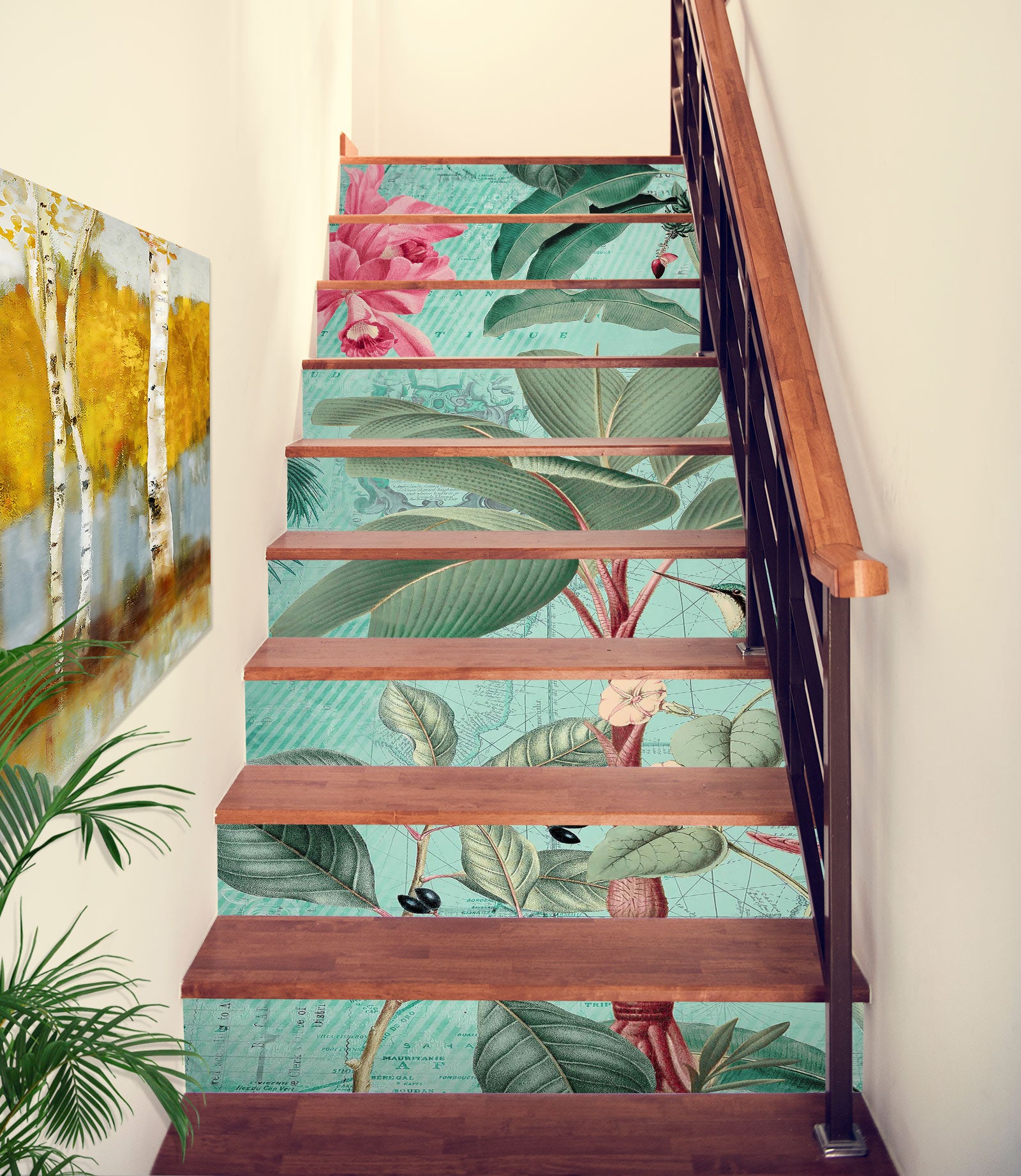 3D Leaves Pink Flowers 104117 Andrea Haase Stair Risers