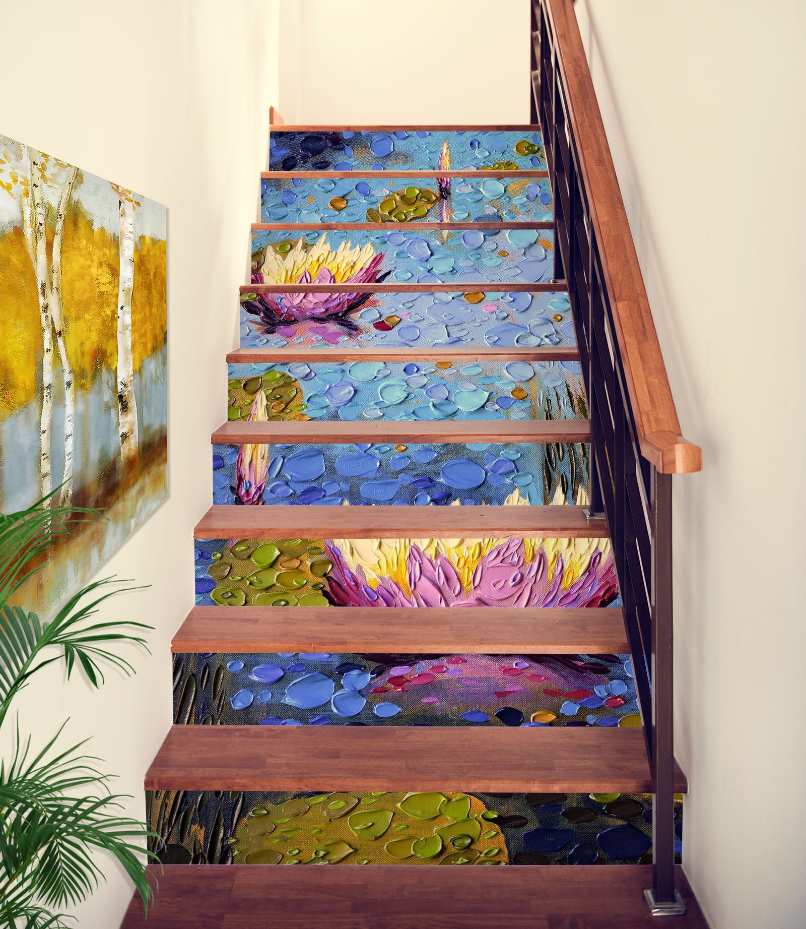3D Purple Lotus Pond Oil Painting 96148 Dena Tollefson Stair Risers