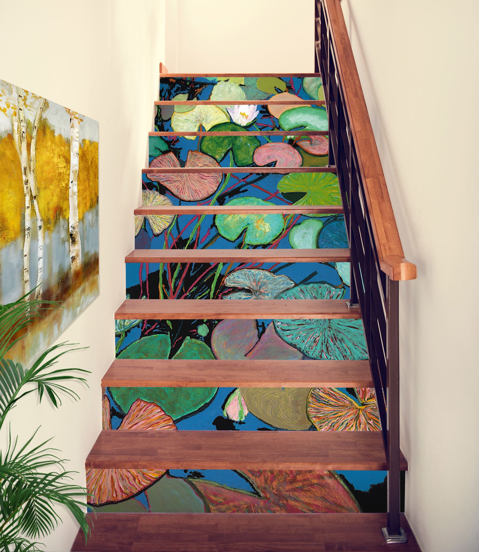 3D Green Brown Lotus Leaf Painting 90144 Allan P. Friedlander Stair Risers