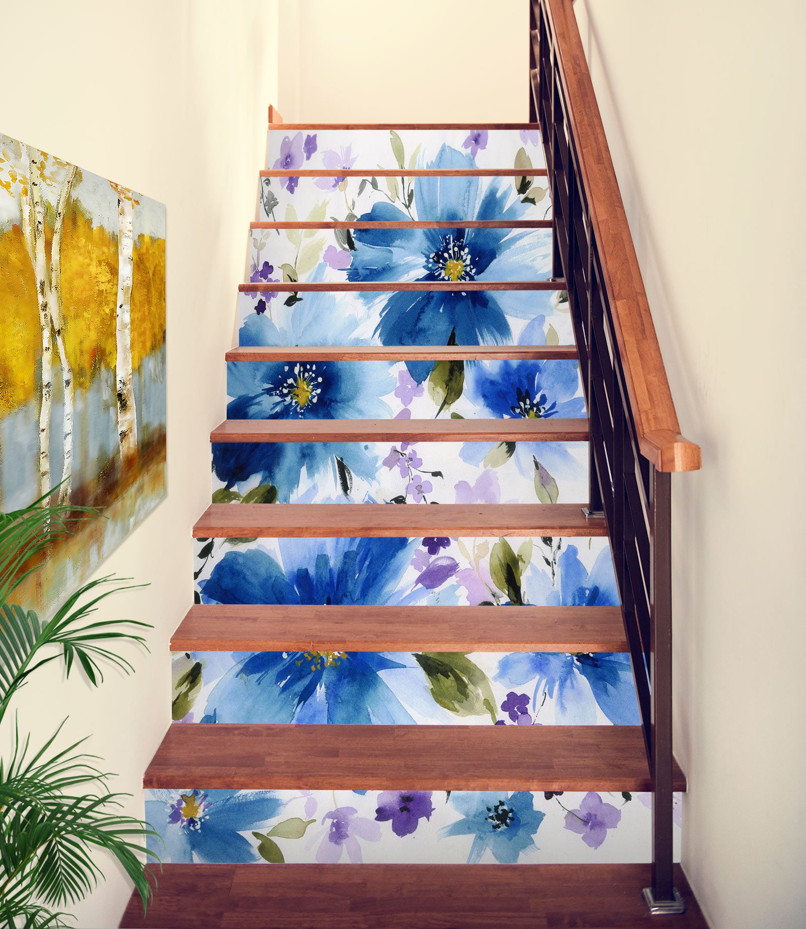 3D Blue Oil Painting Flowers 193 Stair Risers