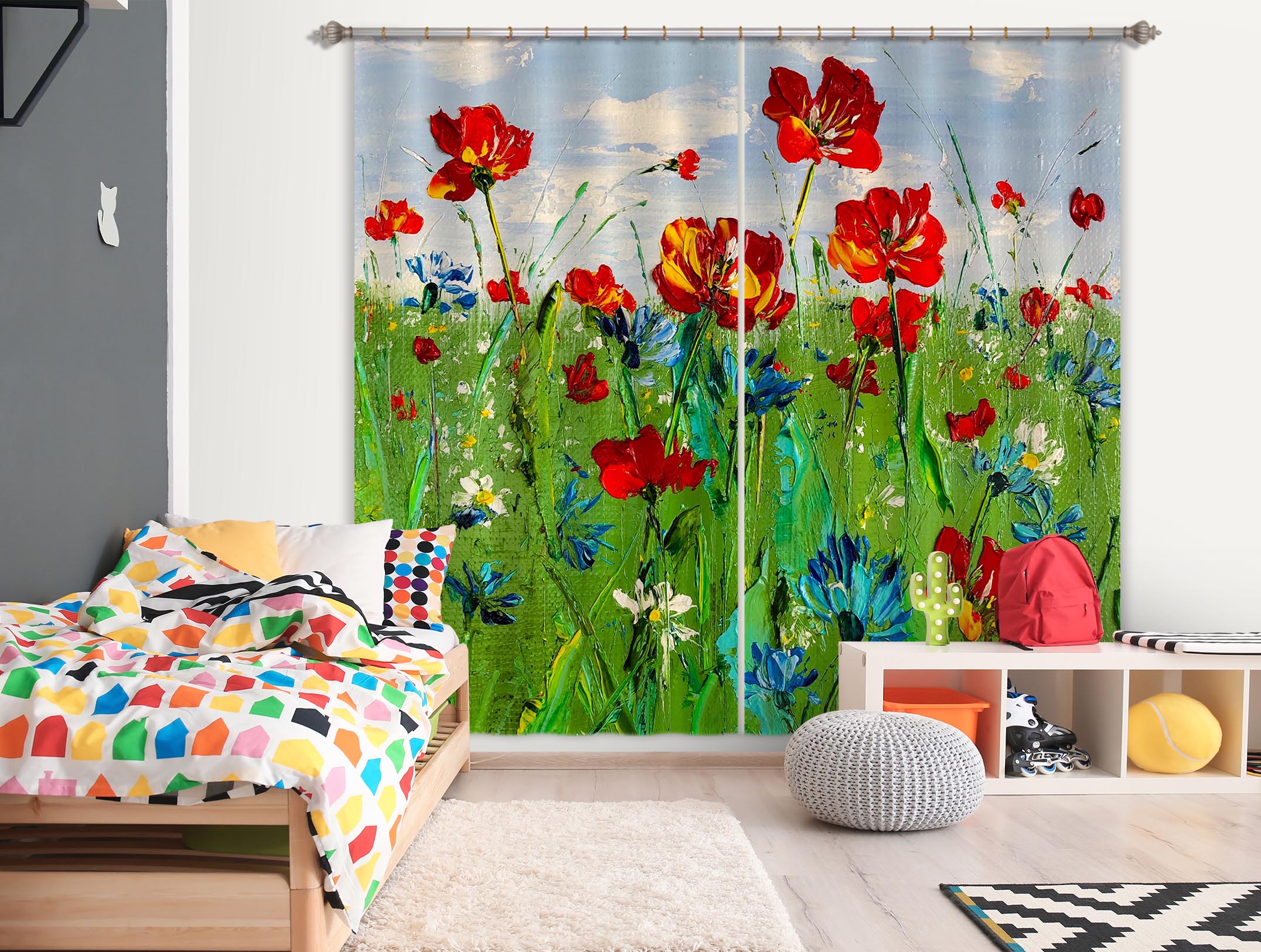 3D Red Flower Grass 2416 Skromova Marina Curtain Curtains Drapes
