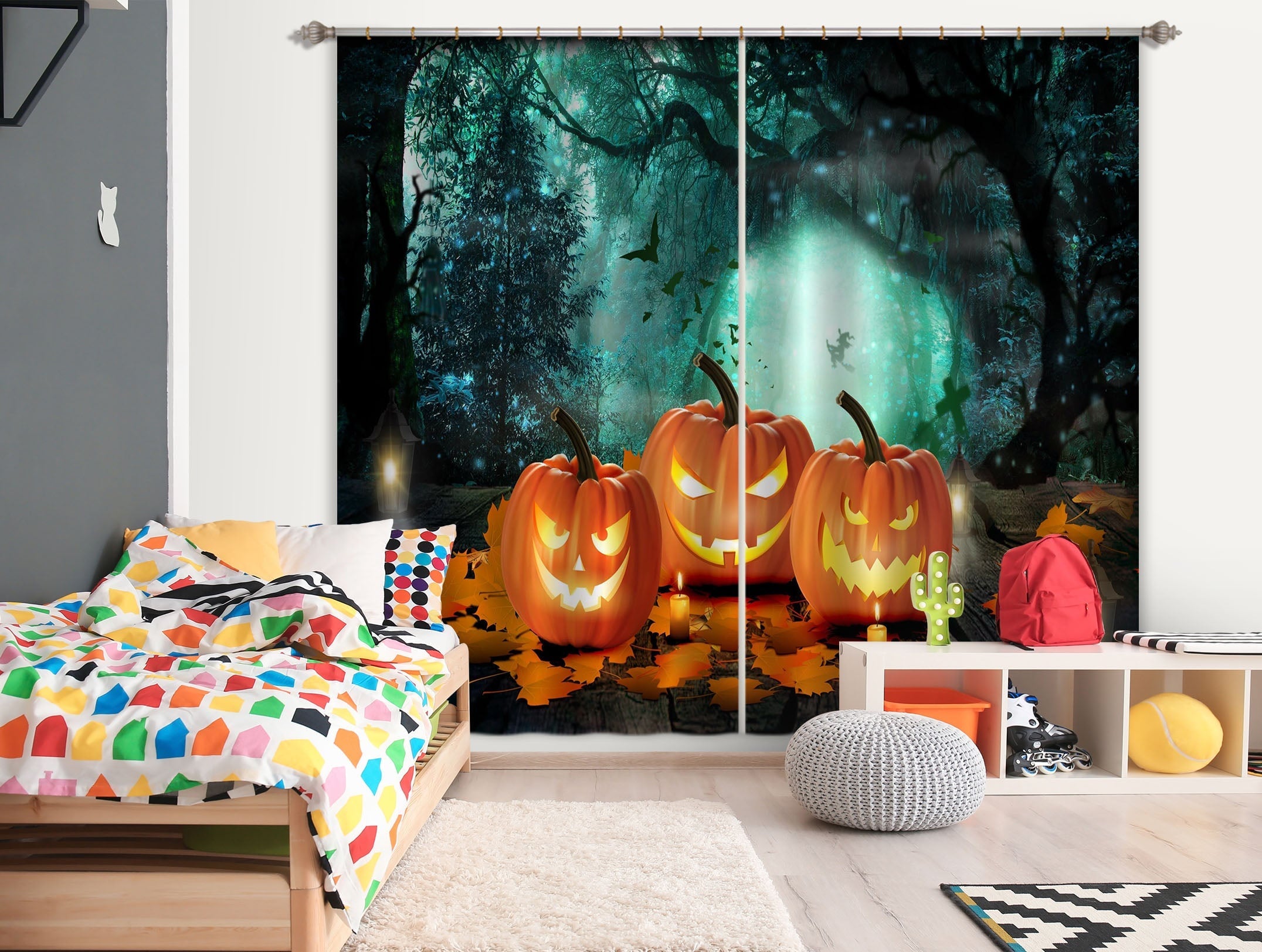 3D Horror Pumpkin 021 Halloween Curtains Drapes Curtains AJ Creativity Home 