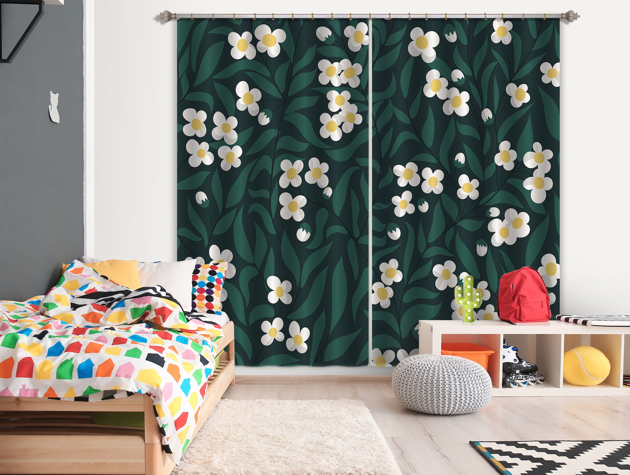 3D Leaves White Flowers 11177 Kashmira Jayaprakash Curtain Curtains Drapes