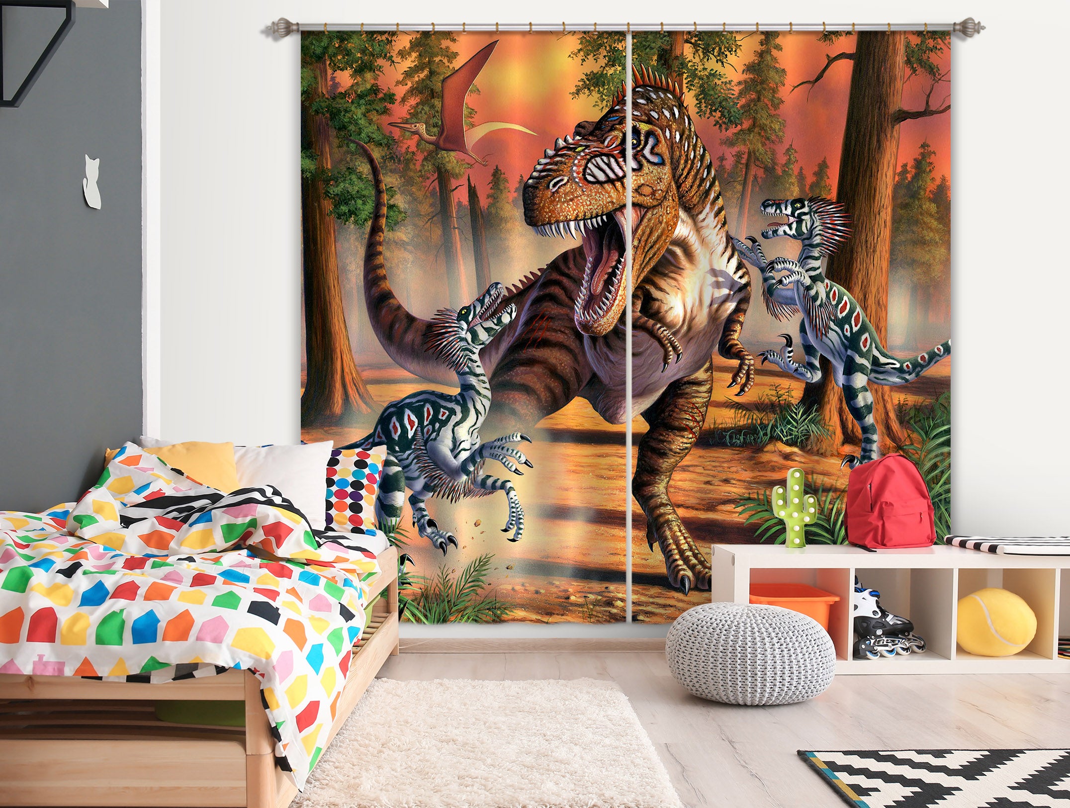 3D Dinosaur Fight 059 Jerry LoFaro Curtain Curtains Drapes